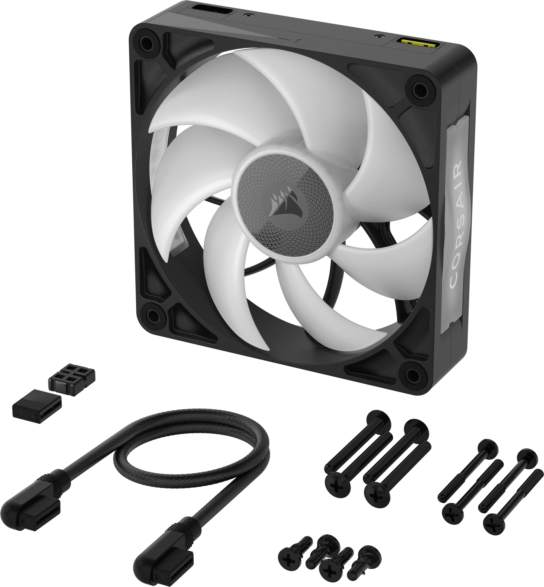 Un ventilador de computadora con aspas blancas y marco negro, más tornillos, cables y conectores. Logotipo de Corsair en el centro.