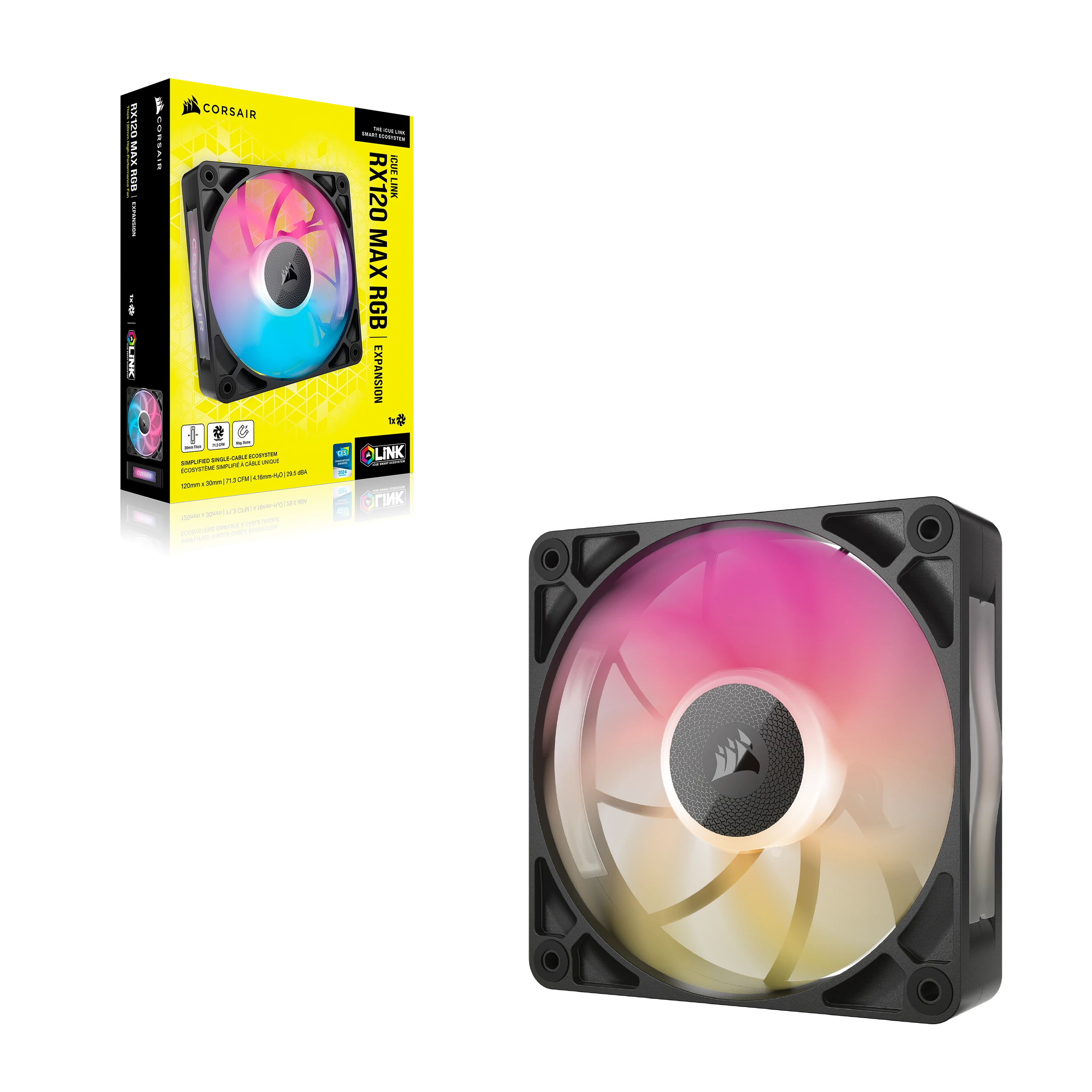 Un ventilador de computadora con luces RGB, marco negro y una caja Corsair al fondo.