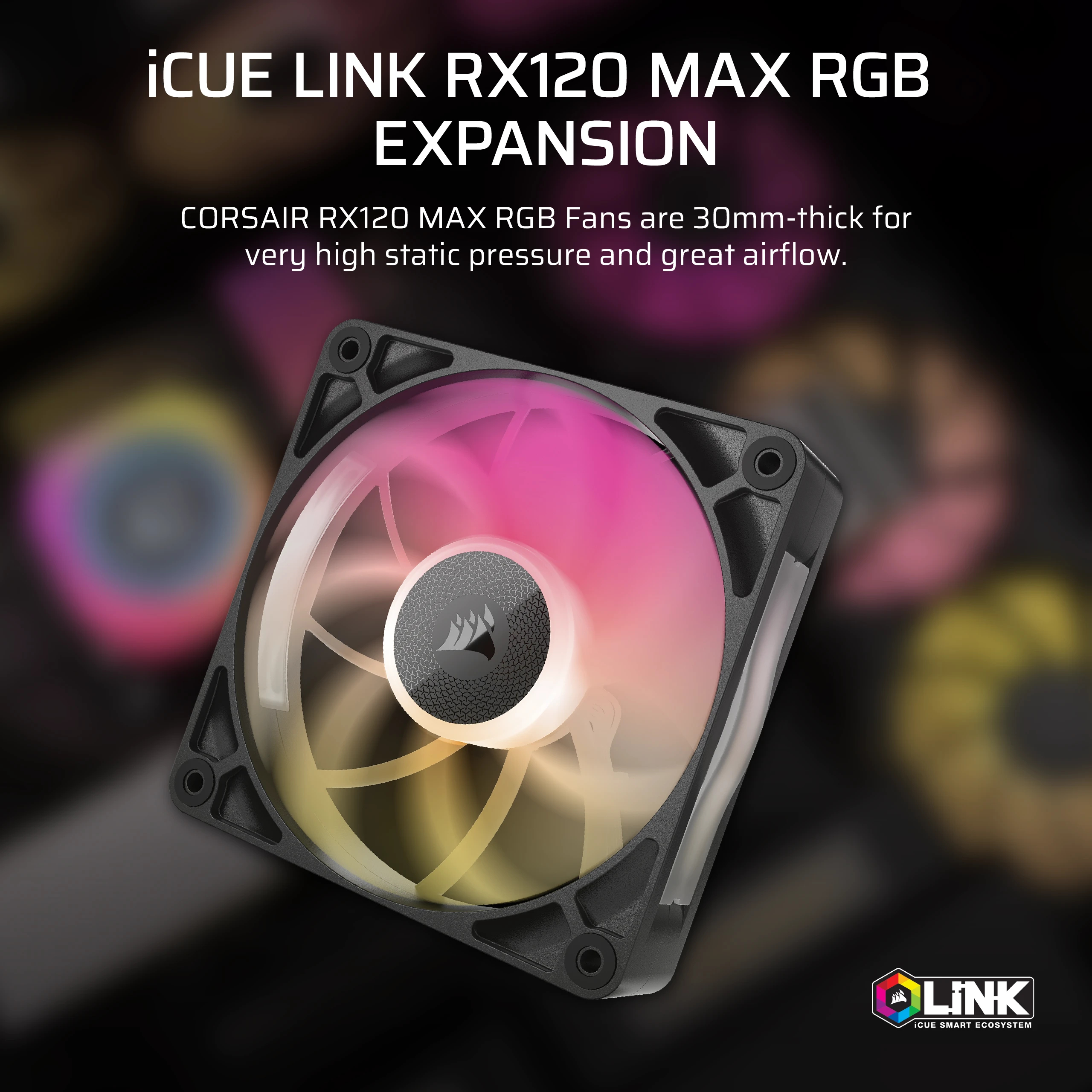 Un ventilador de computadora con luces RGB coloridas. El ventilador es negro y el fondo está borroso.