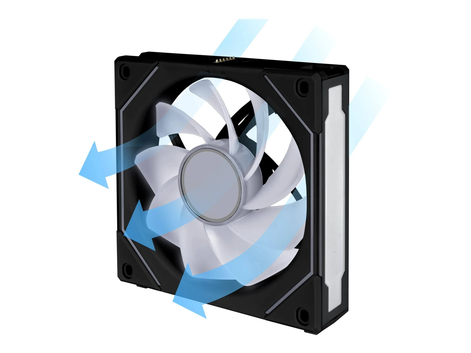 Un ventilateur d'ordinateur avec un cadre noir et des pales blanches. Des flèches bleues indiquent le flux d'air. Le fond est blanc.