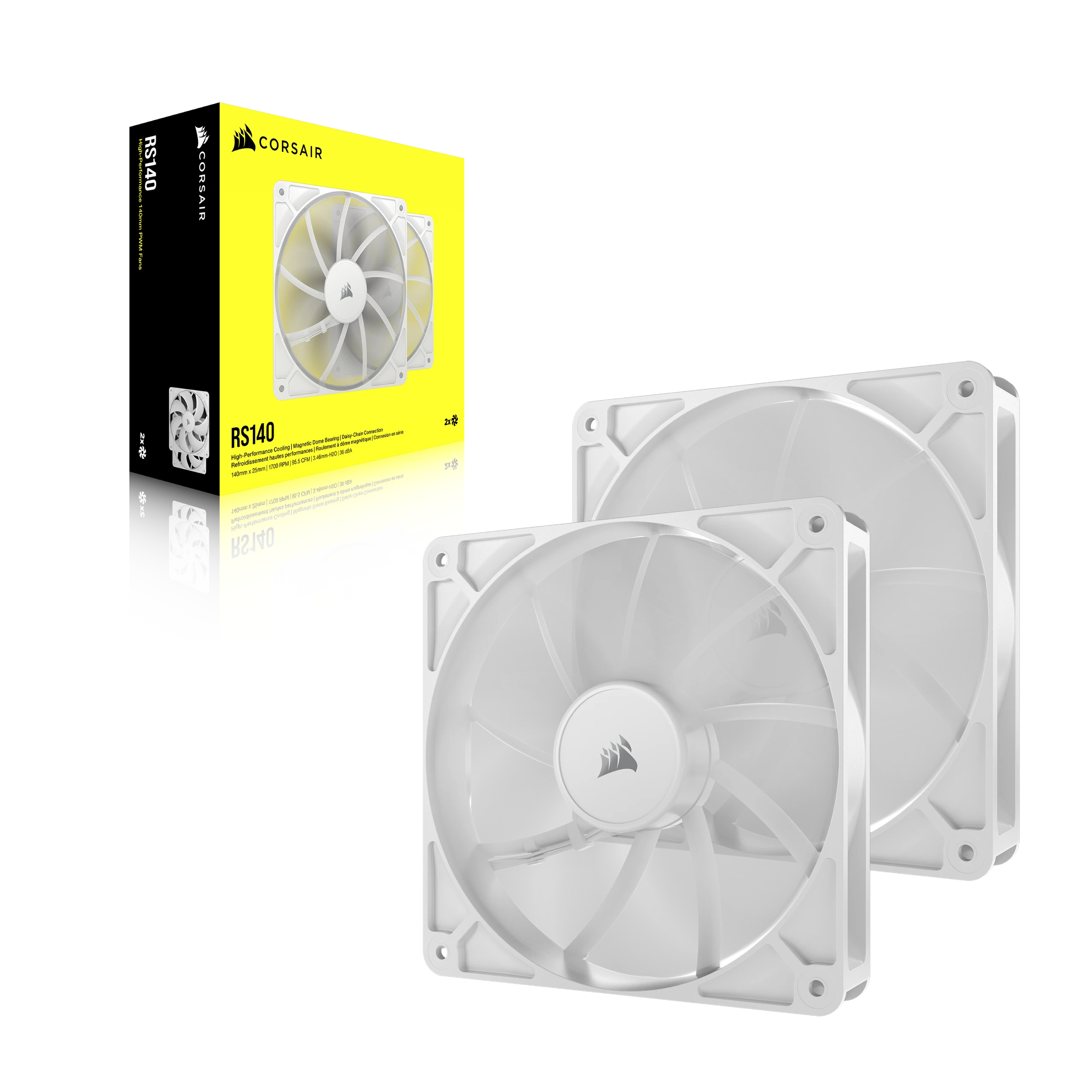 Twee witte Corsair RS140 ventilatoren en verpakking op een witte ondergrond. Doos is zwart en geel.