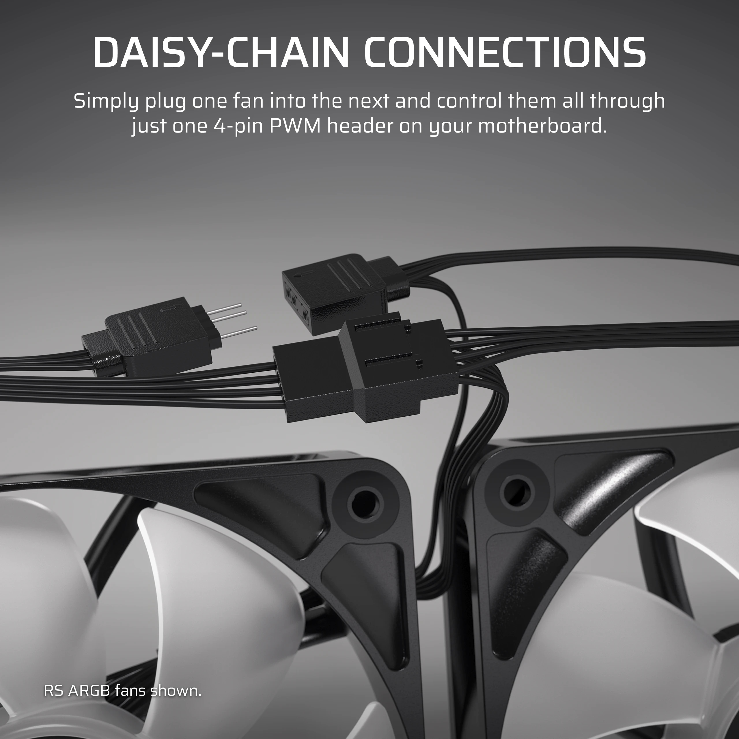 Afbeelding toont zwarte connectoren en kabels die ventilatoren verbinden. De tekst zegt Daisy-chain verbindingen.