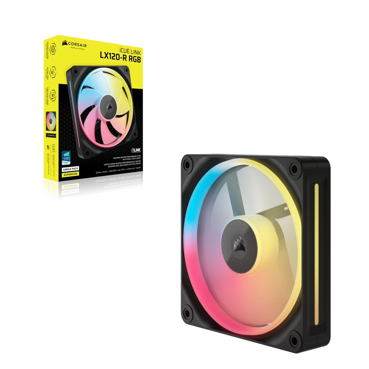 Wyświetlany jest wentylator komputerowy z oświetleniem RGB. Wentylator w pudełku po lewej; wentylator z oświetleniem po prawej. Oba są czarne.