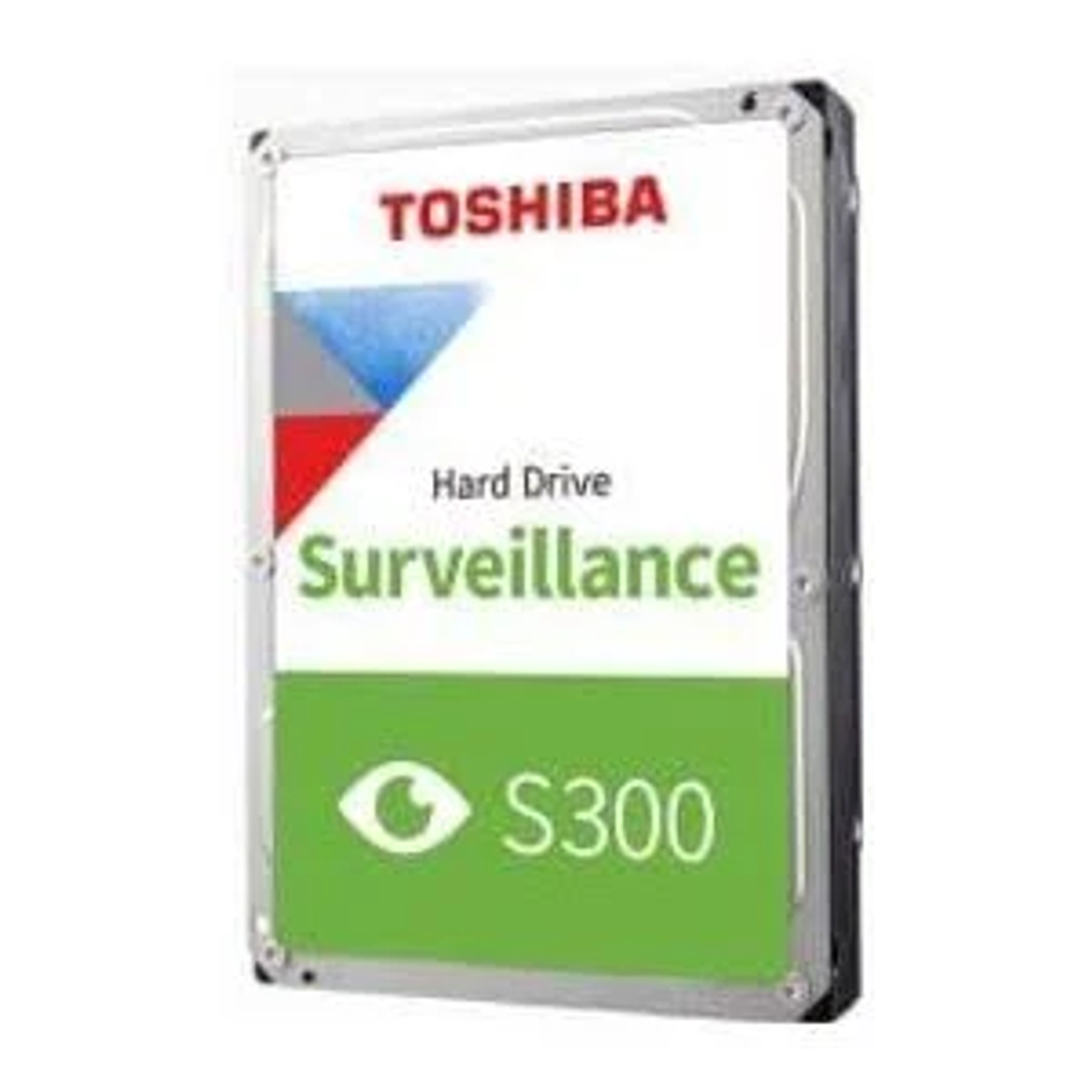 Dysk twardy Toshiba do monitoringu z białą etykietą, czerwonym logo Toshiba i zielonym dołem ze symbolem oka.