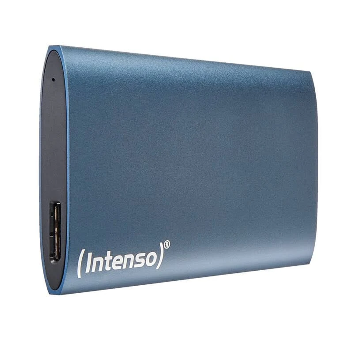 Pokazano niebieski zewnętrzny dysk twardy Intenso. Ma port USB, a nazwa marki jest widoczna na biało.