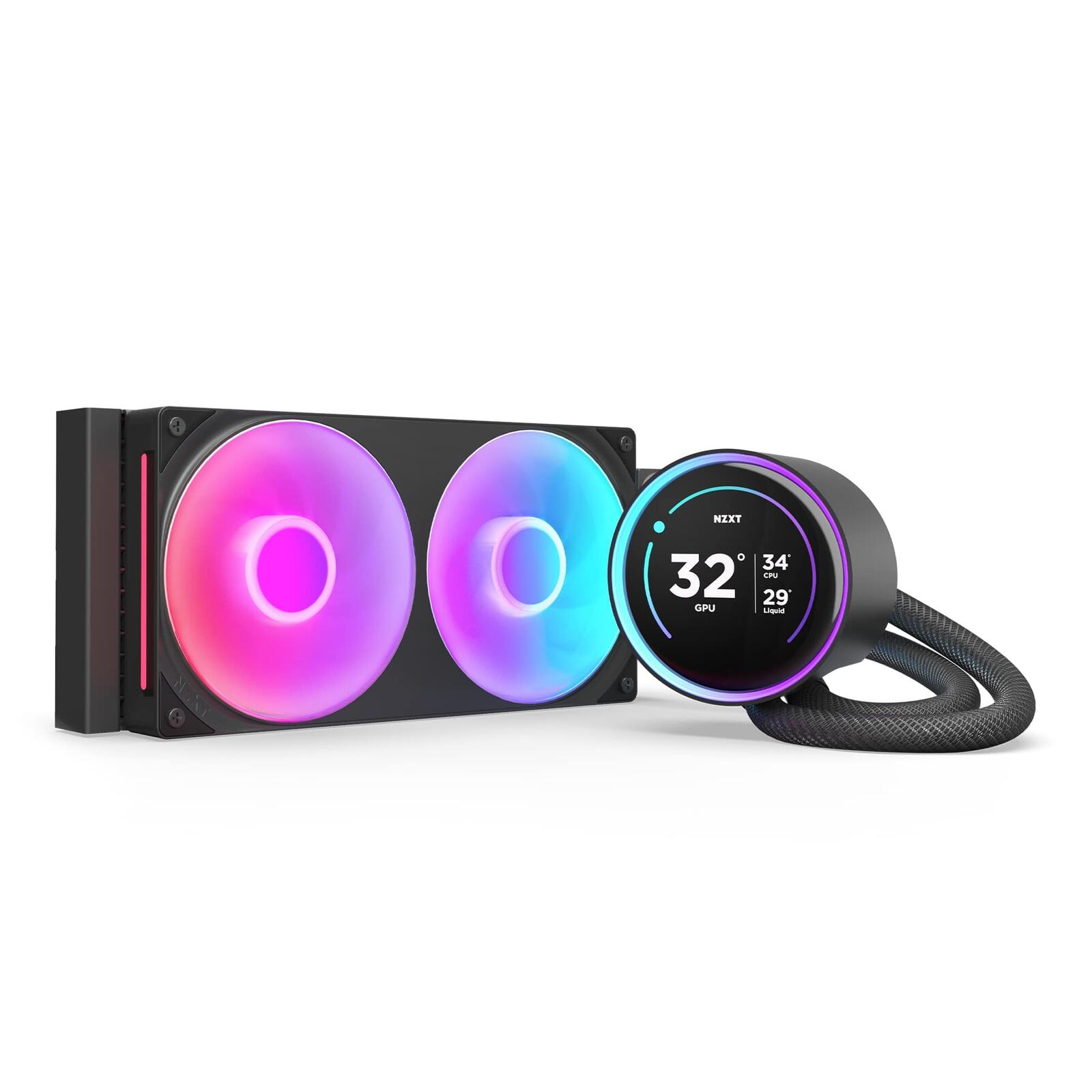 Un dissipatore a liquido per computer con ventole con luci rosa e blu. Un display rotondo mostra la temperatura.