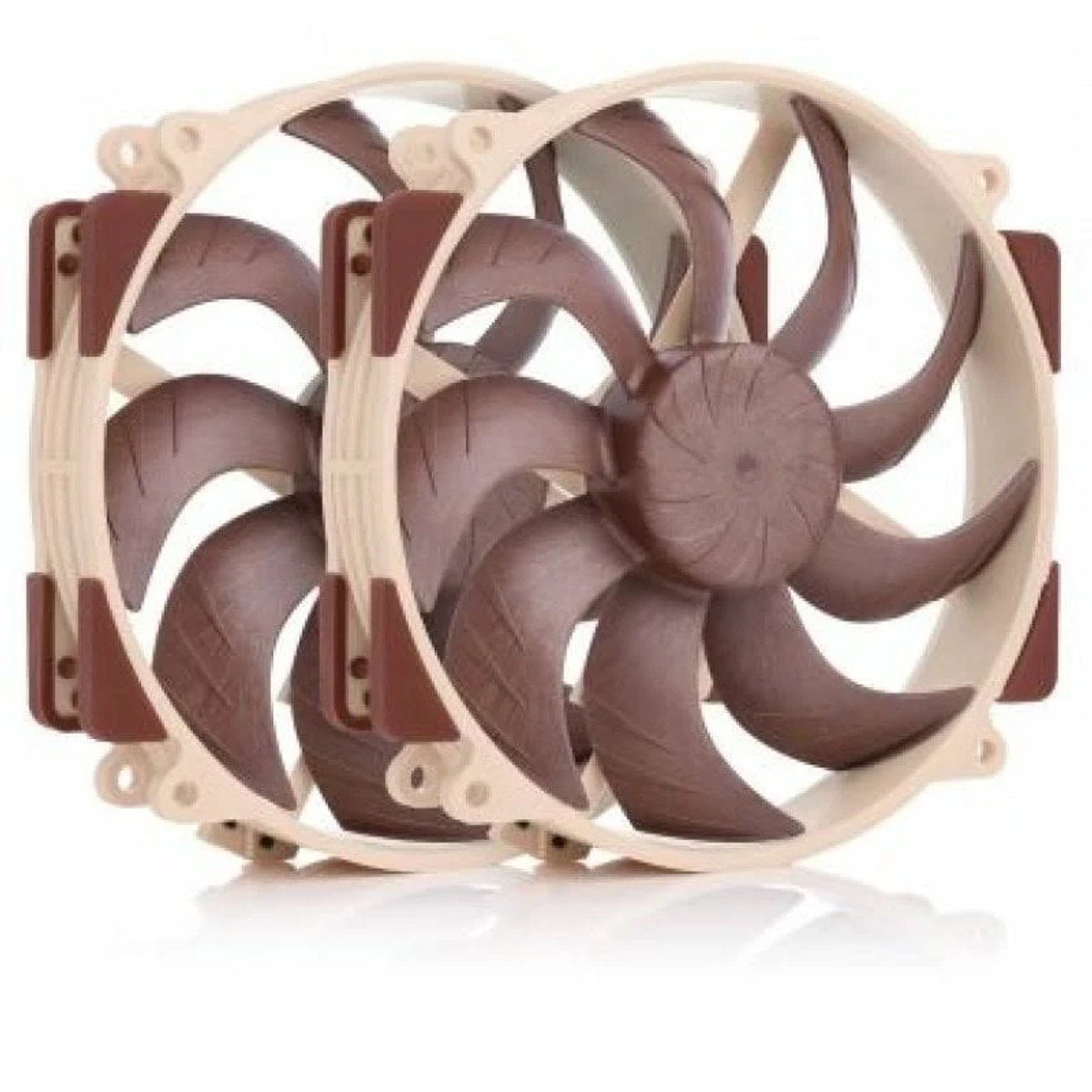 Zwei Computerventilatoren. Jeder hat braune Flügel und einen beigen Rahmen mit braunen Eckakzenten. Weißer Hintergrund.