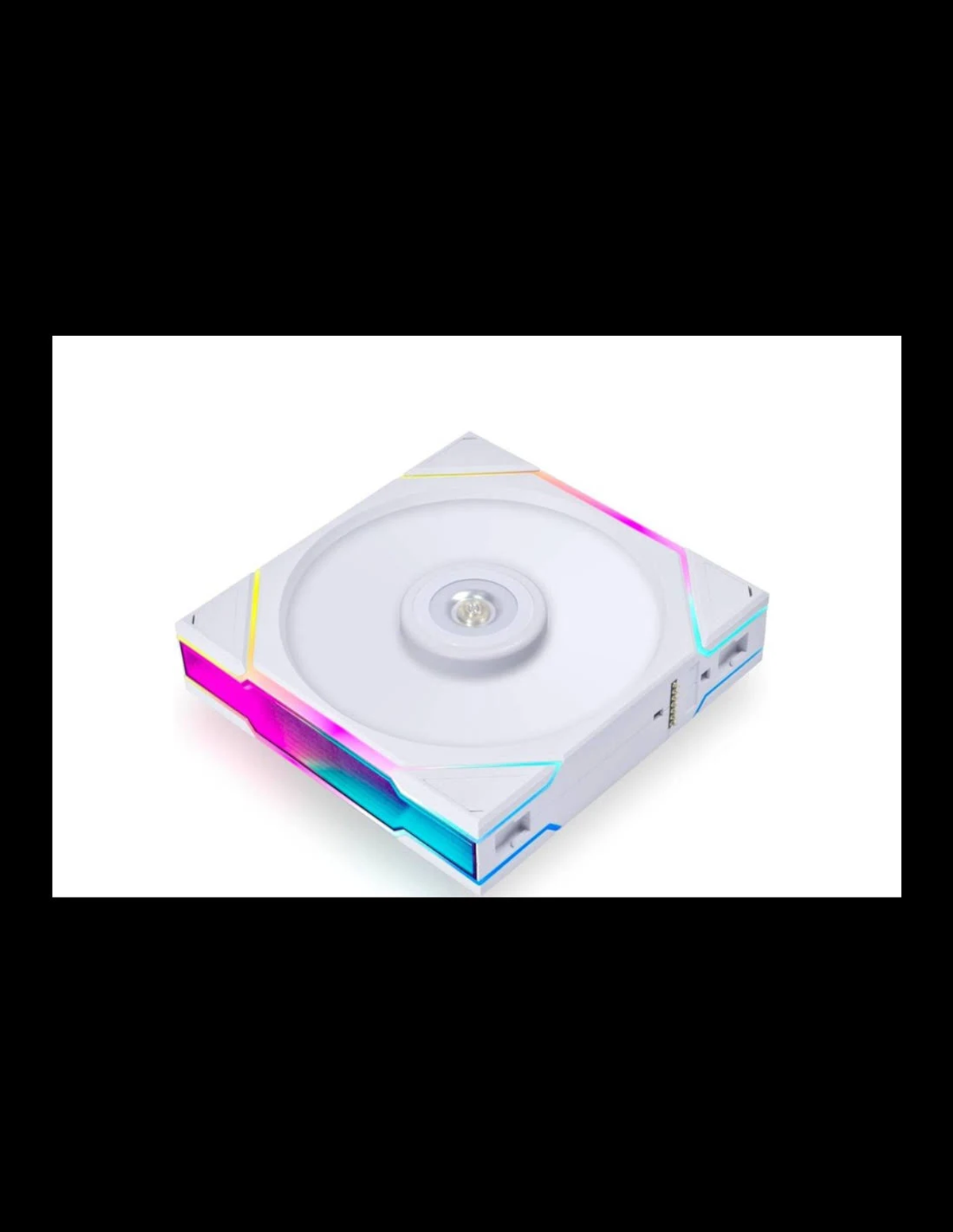 Una ventola per computer bianca con luci a LED colorate sui bordi. Ha un mozzo centrale e una forma quadrata.