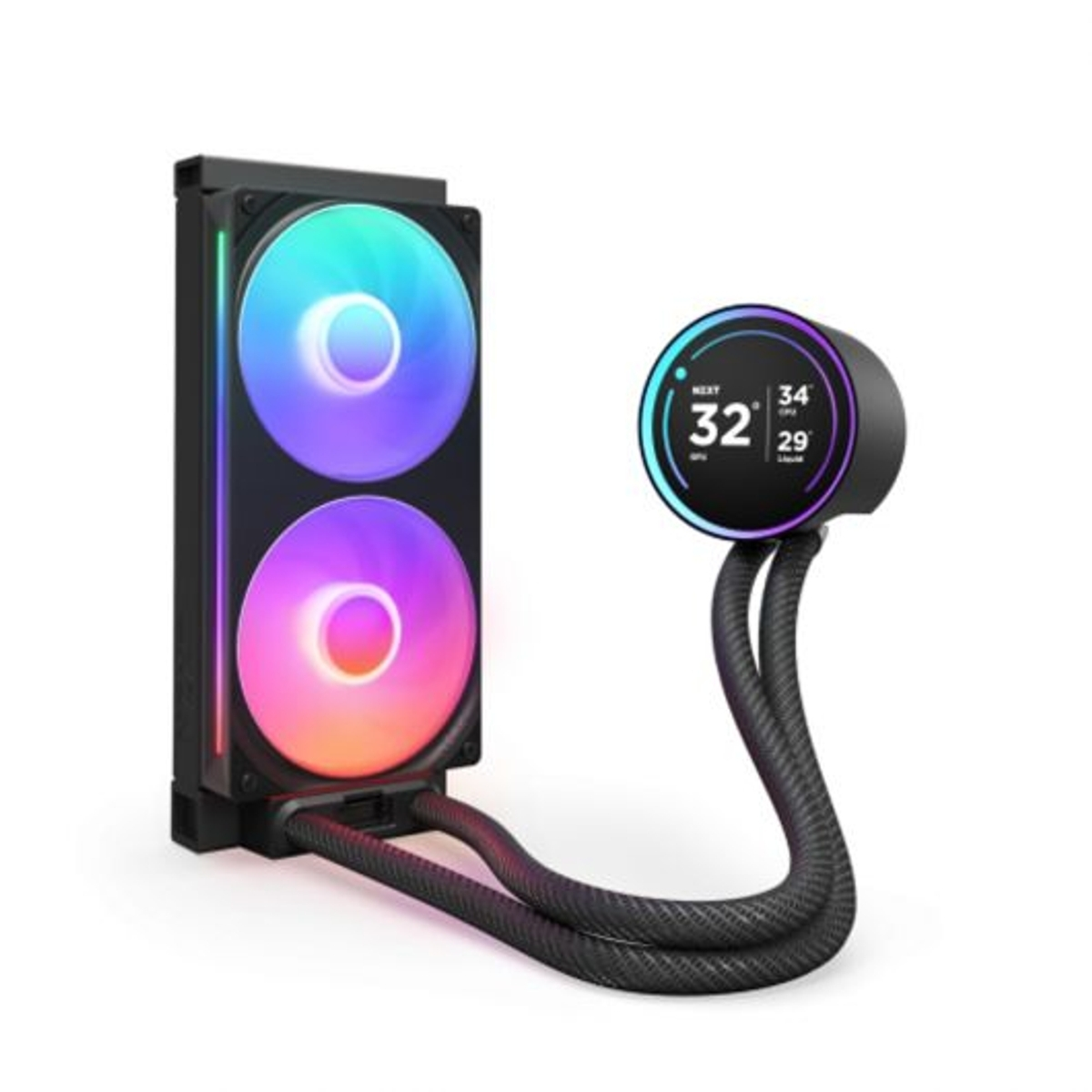 Un dissipatore a liquido per computer con ventole. Le ventole hanno luci LED colorate. Un display circolare mostra le letture della temperatura.