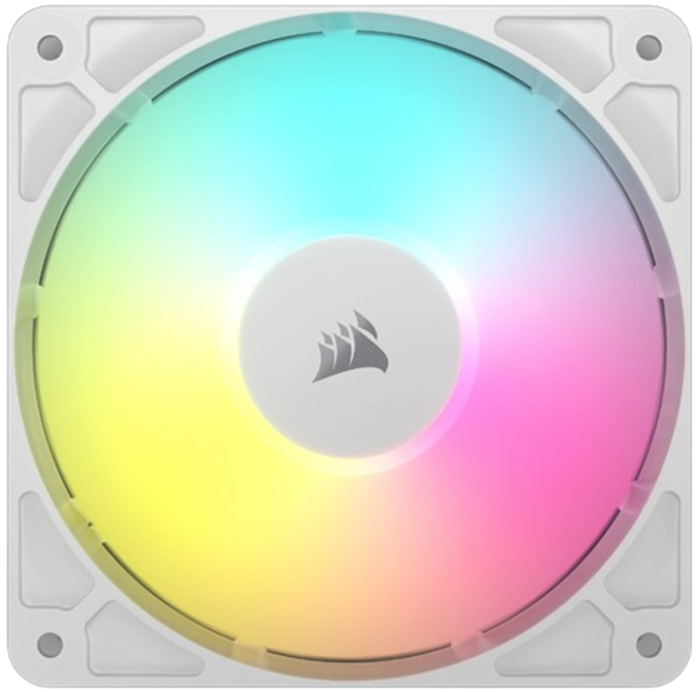 Wentylator komputerowy z białą ramą i okrągłym, wielokolorowym wyświetlaczem świetlnym. Na środku znajduje się logo.