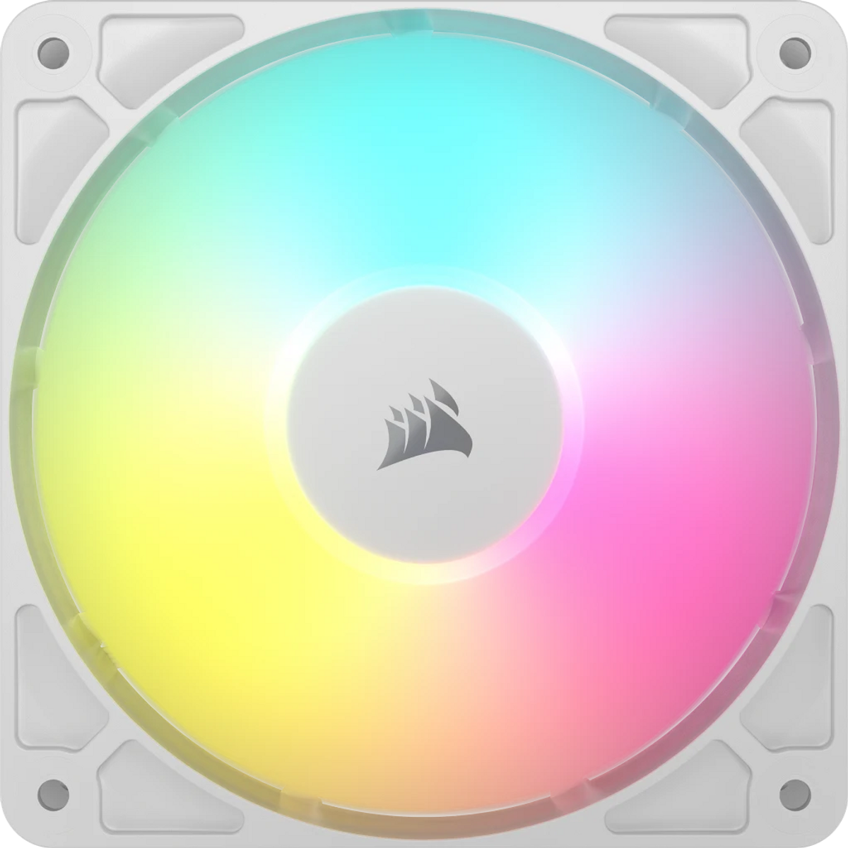 Wentylator komputerowy z białą ramą i okrągłym, wielokolorowym wyświetlaczem świetlnym, przechodzącym przez różne odcienie.