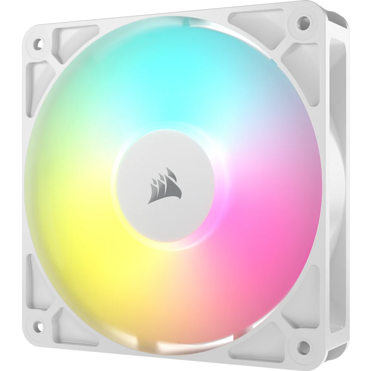 Biały wentylator komputerowy z gradientem kolorów od żółtego do różowego do niebieskiego. Środek ma logo Corsair.