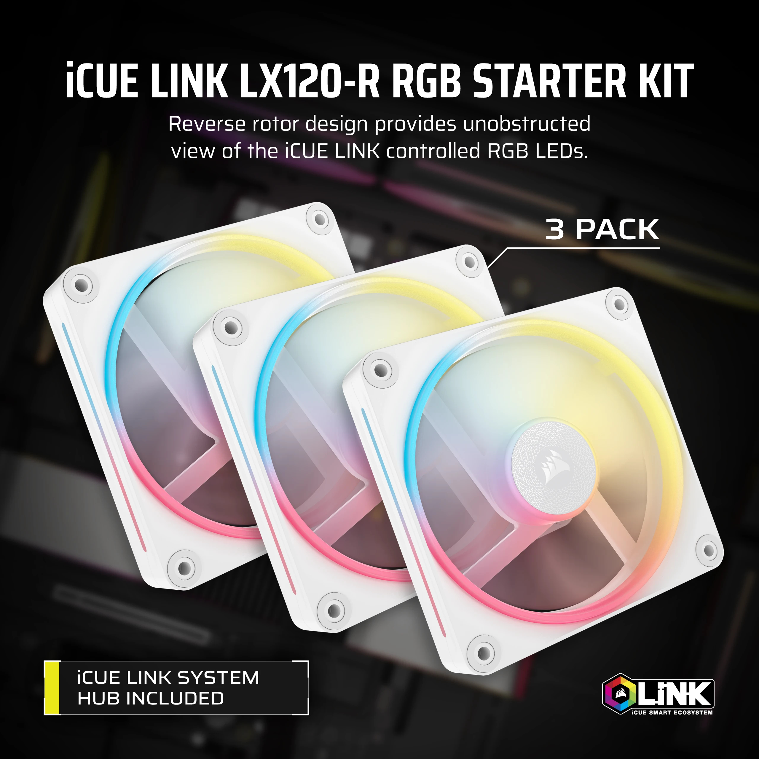 Wyświetlane są trzy białe wentylatory RGB. Tekst zawiera iCUE LINK LX120-R RGB STARTER KIT, 3 PACK i iCUE LINK SYSTEM HUB INCLUDED.