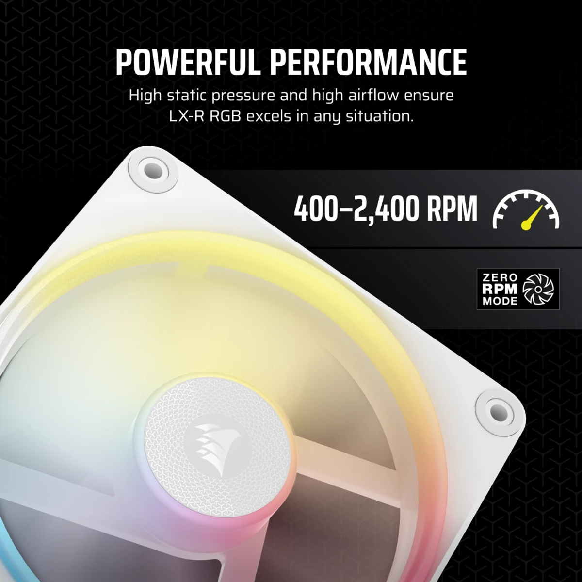 Biały wentylator z oświetleniem RGB, pokazujący zakres prędkości 400-2400 RPM, z tekstem 'POWERFUL PERFORMANCE' i 'ZERO RPM MODE'.