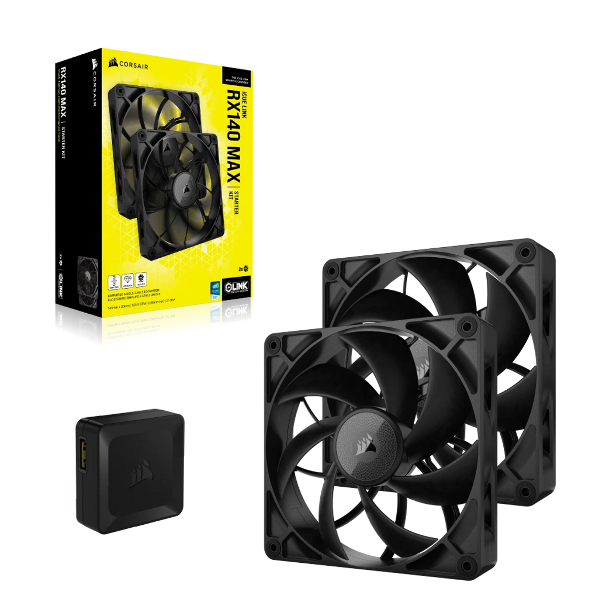 Obraz przedstawia zestaw startowy Corsair RX140 MAX. Zawiera dwa czarne wentylatory, czarną jednostkę sterującą i opakowanie produktu.