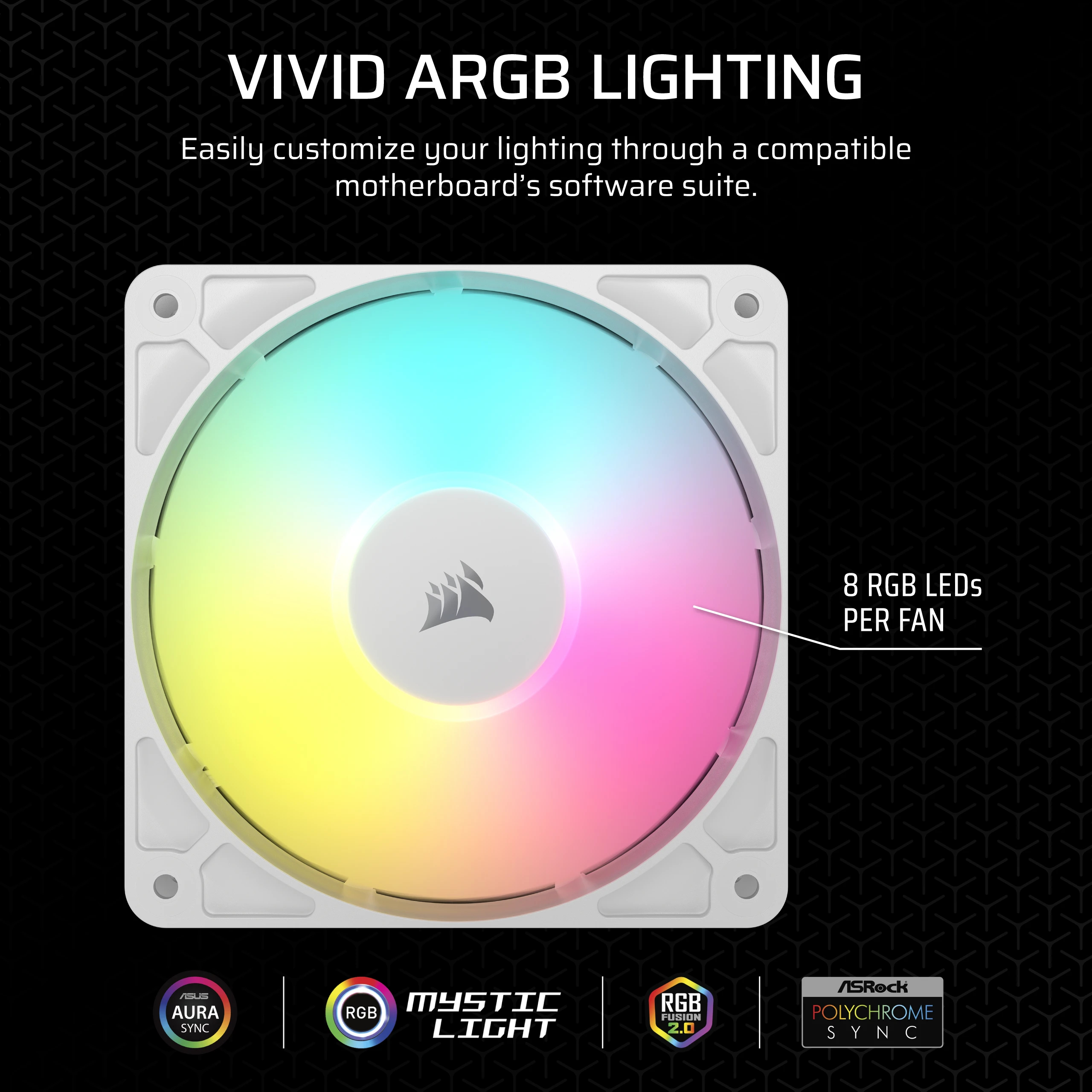 Wentylator komputerowy z kolorowym oświetleniem RGB. Tekst głosi 'Vivid ARGB Lighting' i '8 diod LED RGB na wentylator'.