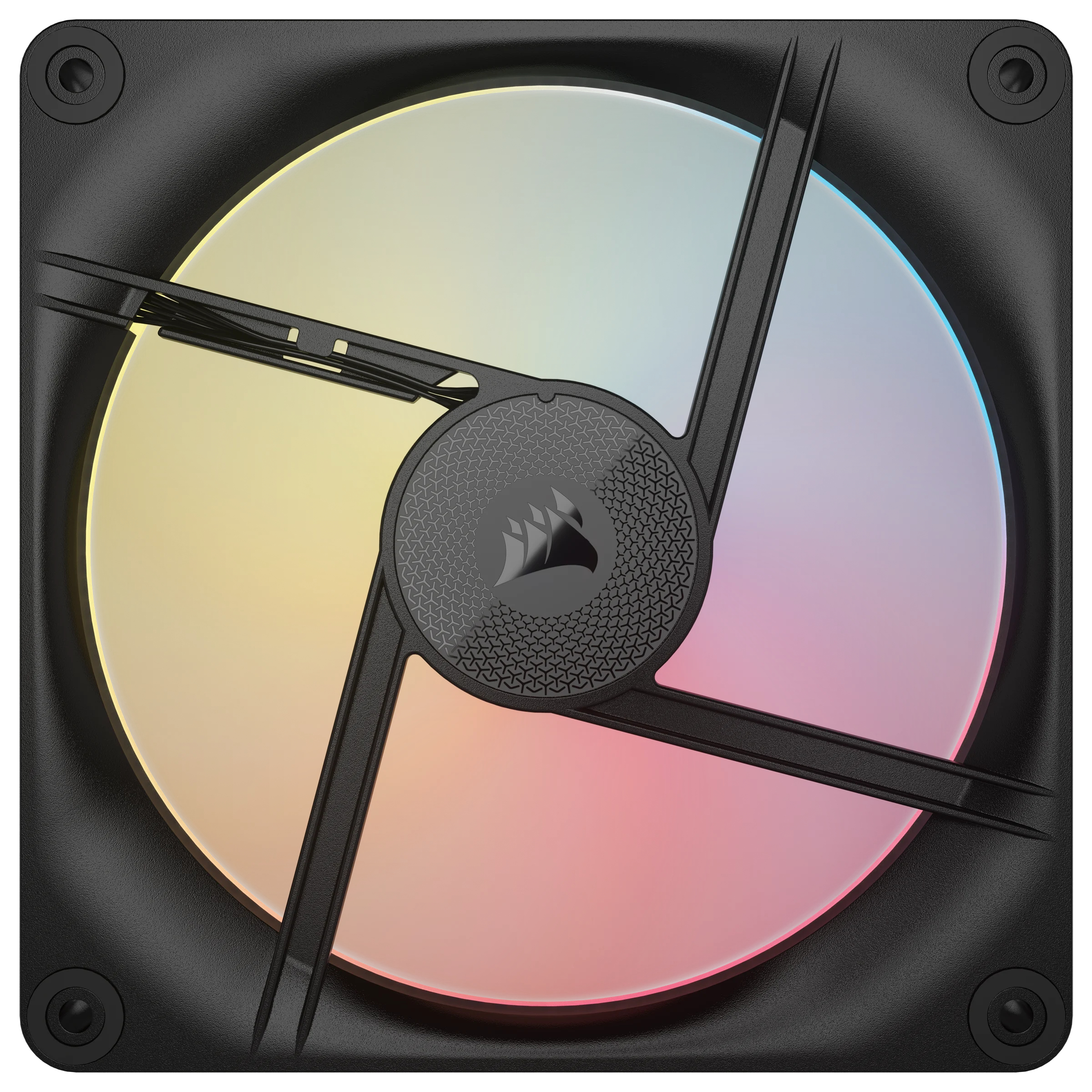 Czarny wentylator komputerowy z oświetleniem RGB. Łopatki są czarne, a środek ma logo.