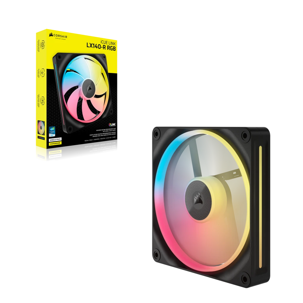 Wentylator komputerowy z oświetleniem RGB i jego pudełko są wyświetlane na czarnym tle. Wentylator ma czarną ramę i kolorowe światła.