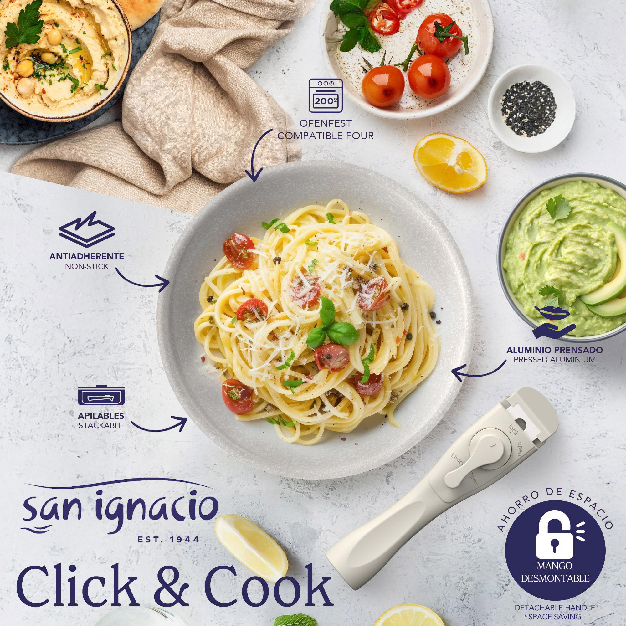 Un plato de pasta con tomates y queso, con guarniciones como hummus y guacamole. Incluye detalles de utensilios de cocina y marca.