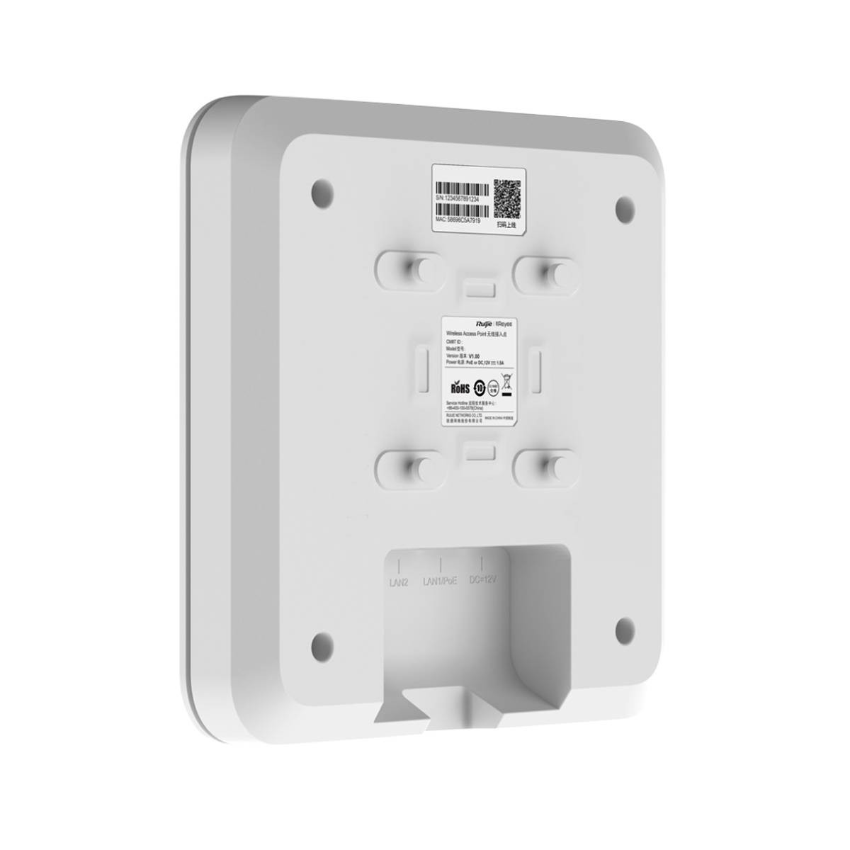 Retro di un dispositivo di rete bianco, con etichette, codice QR e porte. Il testo include 'SN', 'MAC', 'Wireless Access Point' e il simbolo 'ROHS'.