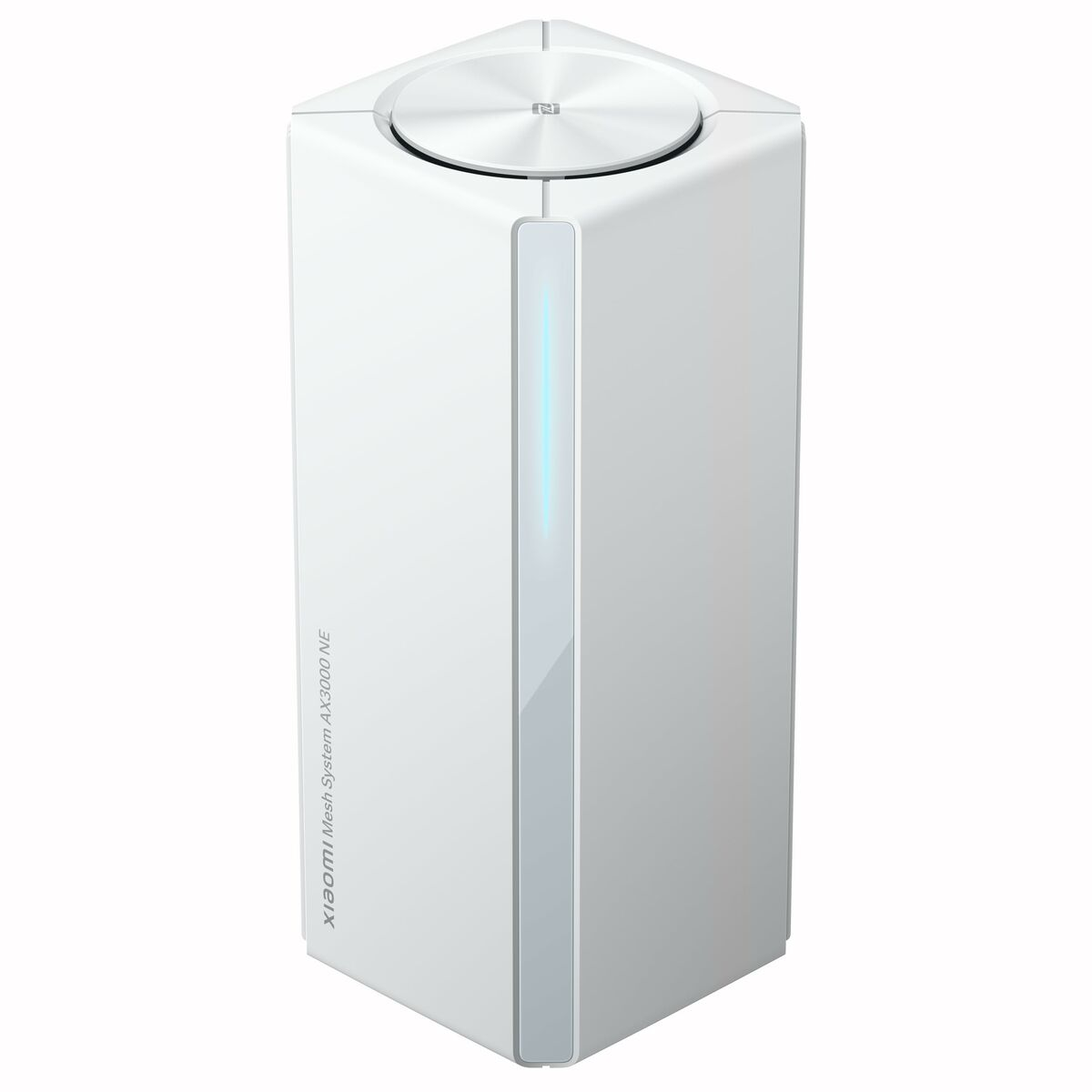 Un router bianco esagonale con parte superiore argentata. Ha una luce blu frontale e dice Xiaomi Mesh System AX3000 NE.