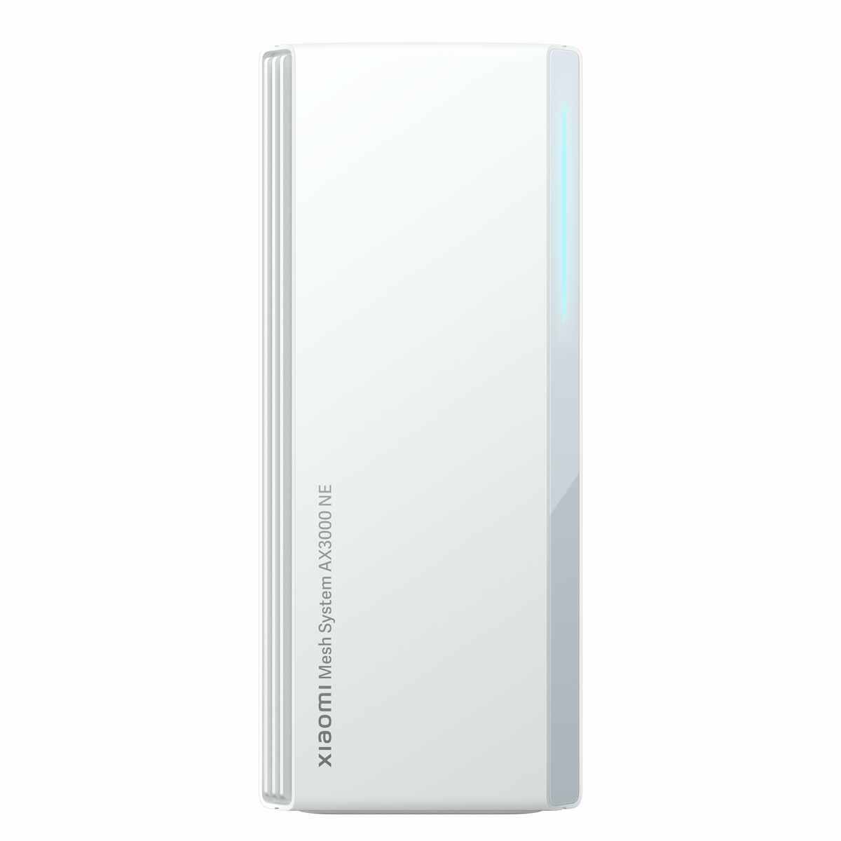 Un router bianco Xiaomi Mesh System AX3000 NE. Ha un design verticale con un lato lucido e un indicatore blu chiaro.
