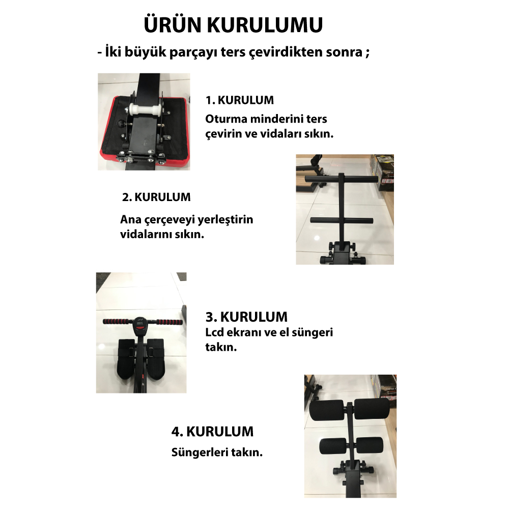 Görsellerle montaj talimatları. Adımlar arasında parçaları ters çevirme, vidaları sıkma, LCD ekranı takma ve süngerleri takma yer alır.
