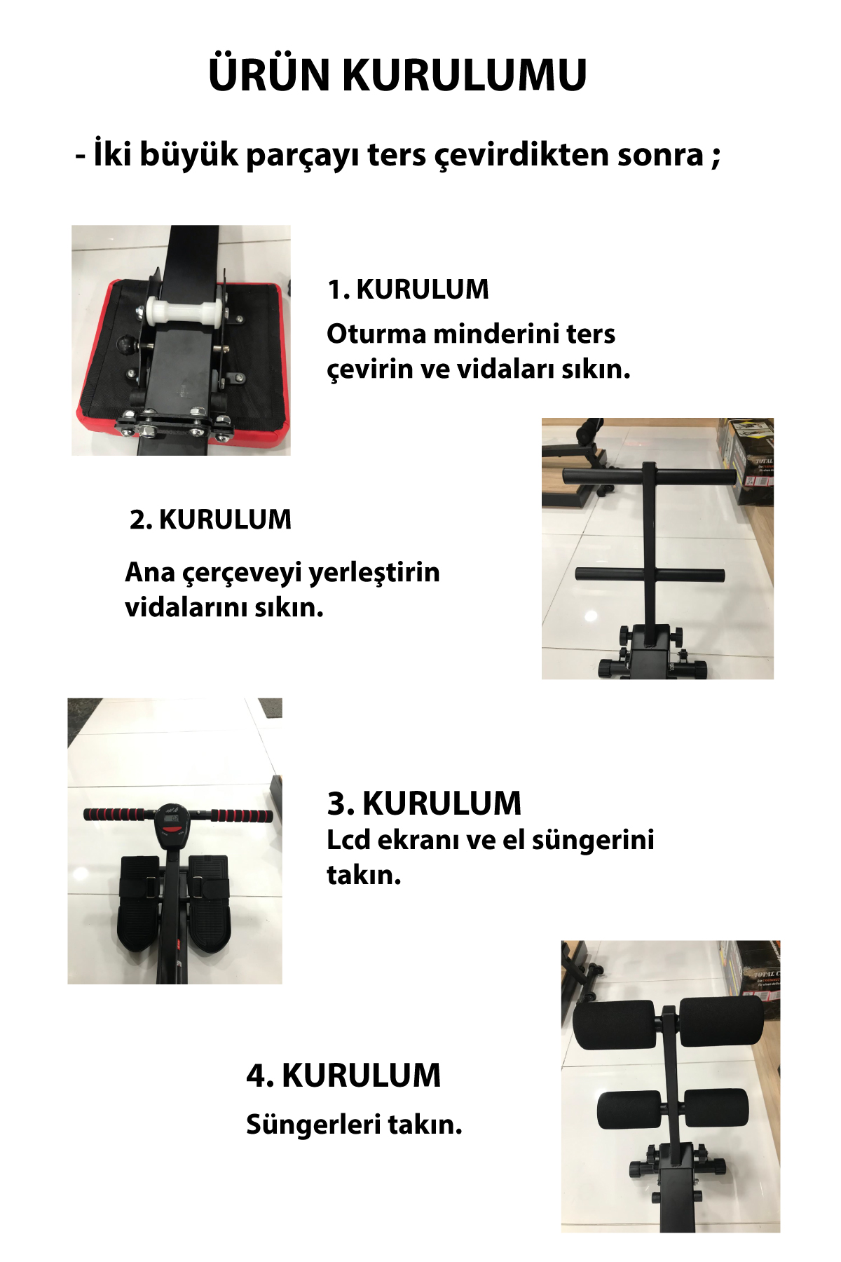 Bir fitness makinesi için montaj talimatları. Parçaları ve montaj sırasını gösteren resimlerle adımlar içerir.