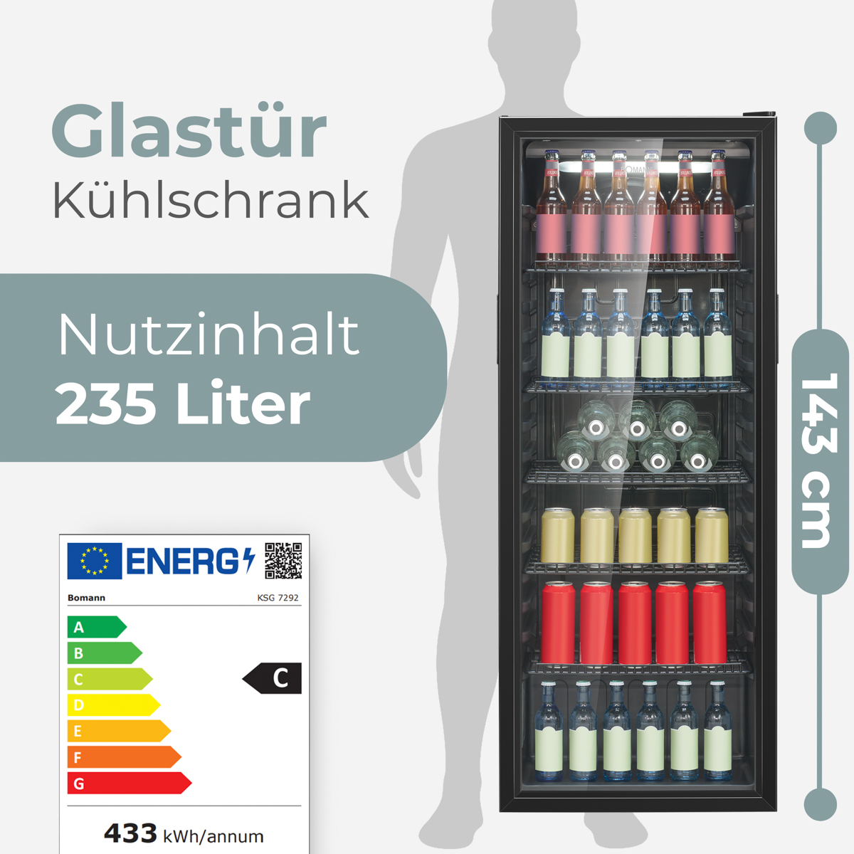 Ein Kühlschrank mit Glastür und Getränken. Text: Glastür Kühlschrank, Nutzinhalt 235 Liter. Energieetikett. Höhe 143 cm.