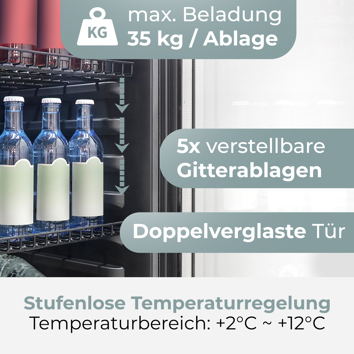 Ein Kühlschrank mit Glastür. Im Inneren befinden sich Flaschen auf Regalen. Text auf dem Kühlschrank beschreibt Funktionen wie Temperaturbereich.