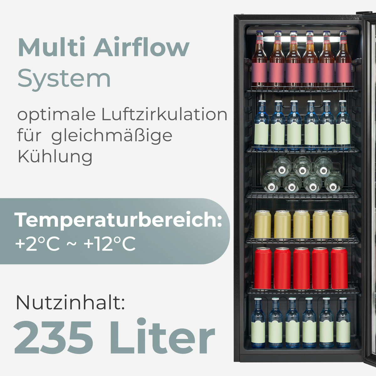 Ein schwarzer Kühler gefüllt mit Getränken: Flaschen und Dosen. Text links: Multi Airflow System und Temperaturbereich +2°C ~ +12°C.
