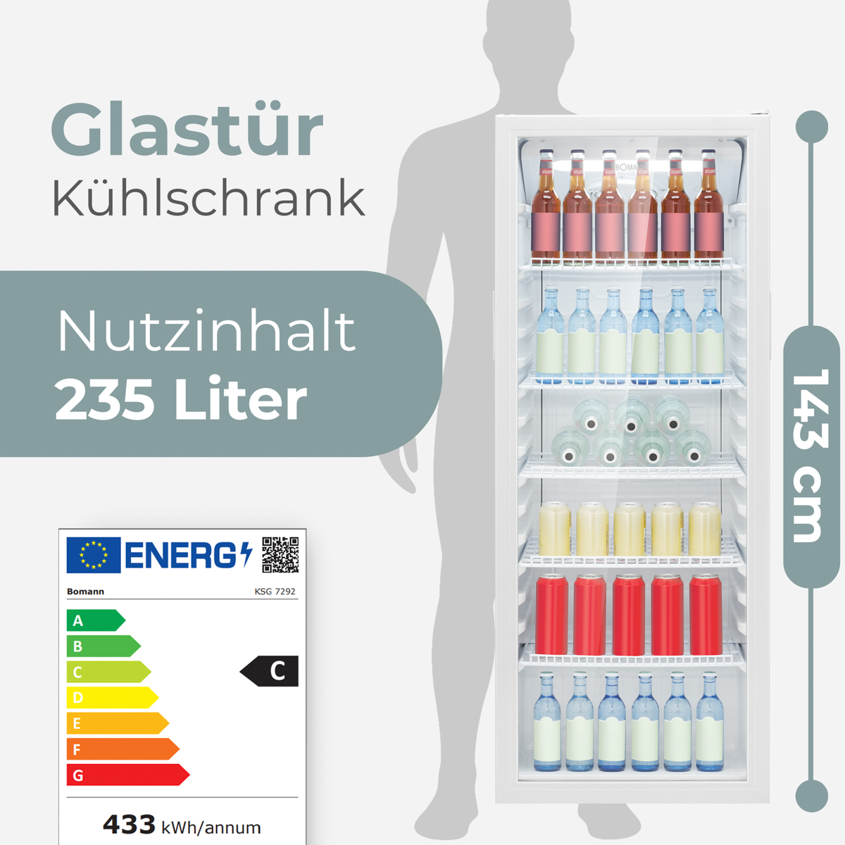 Ein weißer Kühlschrank mit Glastür und Getränken. Er hat ein Energielabel und Höhenangabe. Der Text auf dem Kühlschrank ist auf Deutsch.