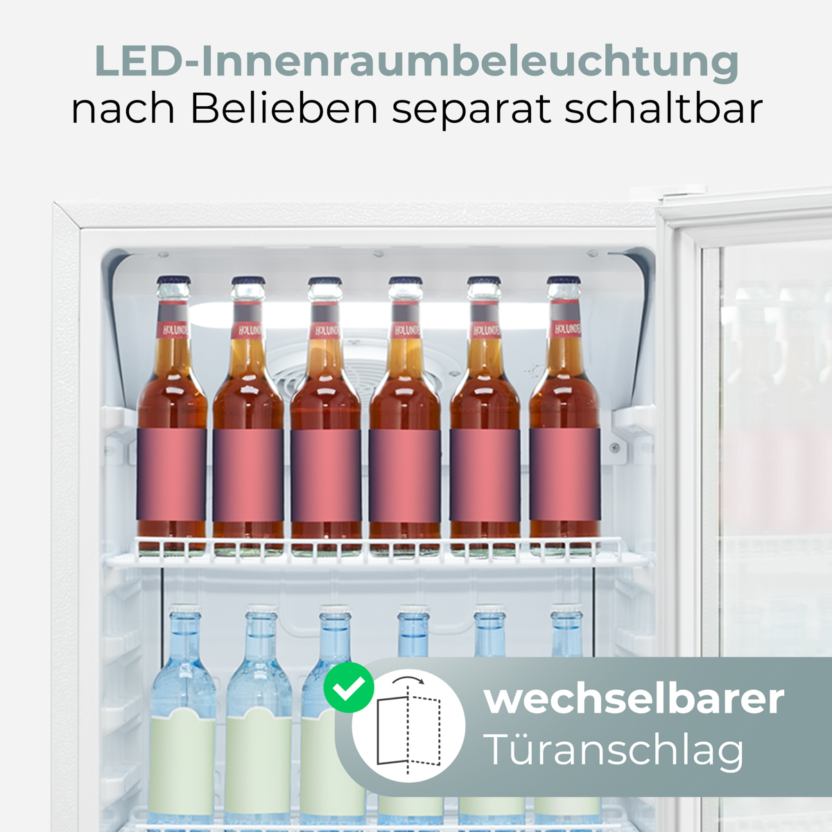 Kleiner Kühlschrank mit offener Tür. Enthält Bier- und Wasserflaschen. Text oben: LED-Innenraumbeleuchtung.
