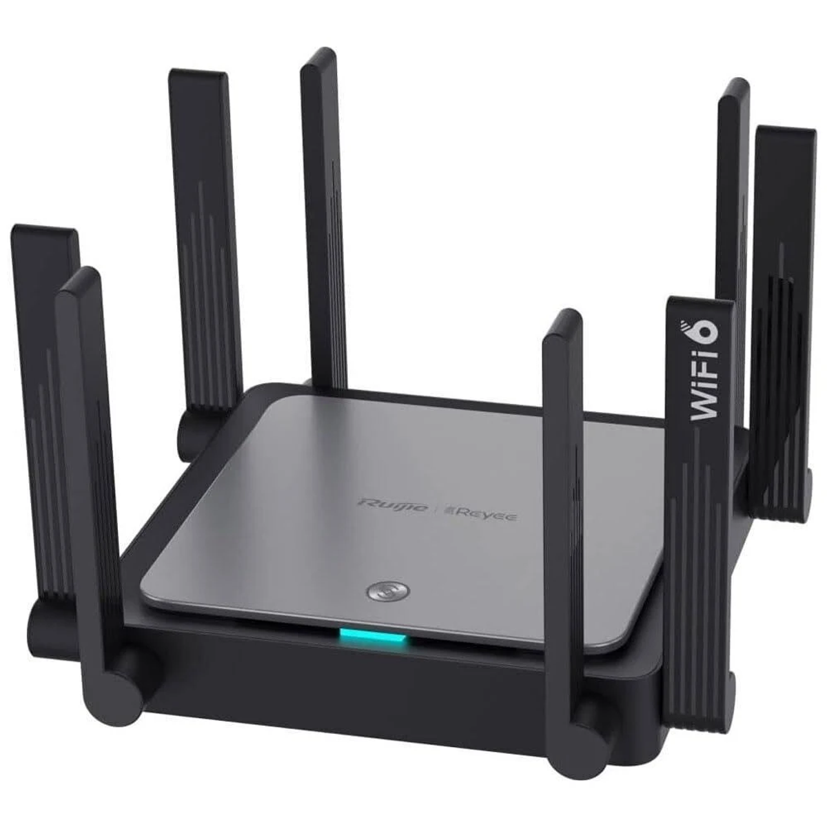 Un router Wi-Fi 6 nero e argento con sei antenne. Ha una luce blu e la parola WiFi 6 sul lato.