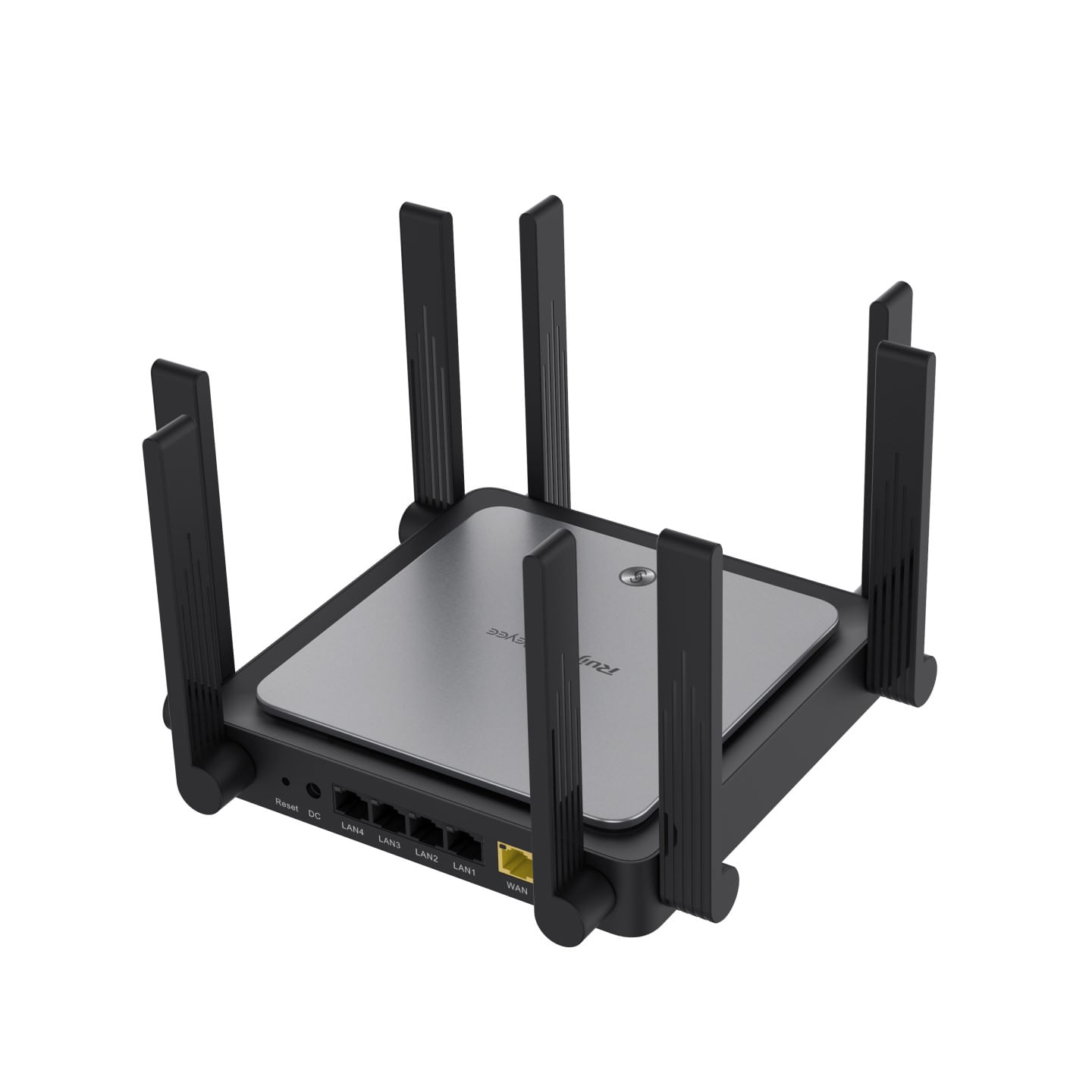 Un router nero con sei antenne. Ha varie porte etichettate LAN e WAN. La parte centrale è argentata.