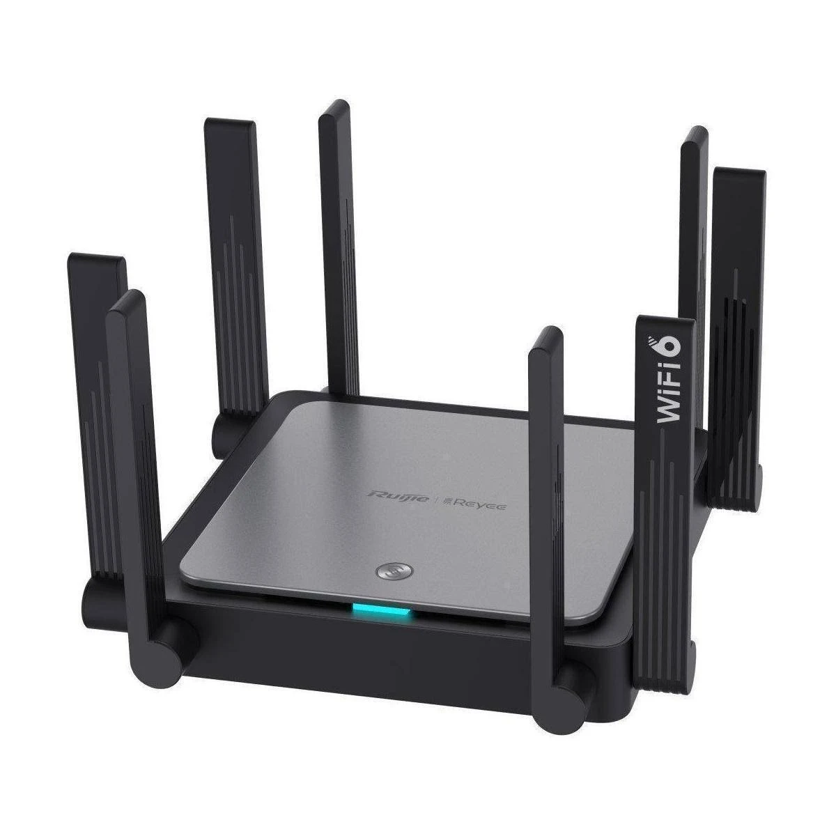 Un router Wi-Fi 6 nero e argento con sei antenne. Presenta il logo WiFi 6 e il nome del marchio. Una luce blu è accesa.