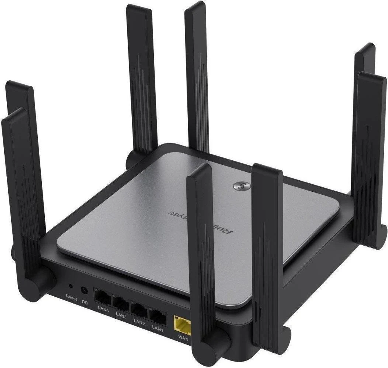 Un router nero e argento con sei antenne. Sono visibili le porte etichettate LAN e WAN. La superficie superiore è argentata.