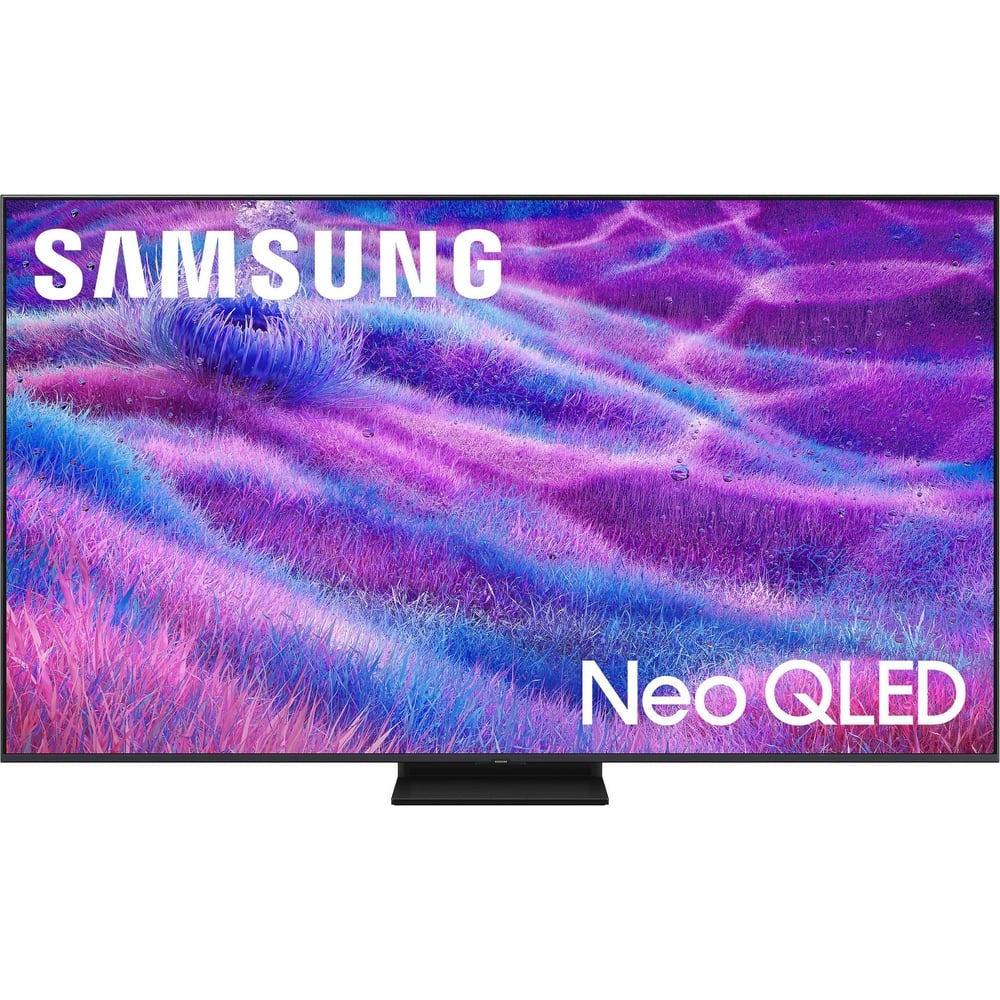 Samsung Neo QLED TV. Ekran renkli soyut bir desen gösteriyor. Samsung ve Neo QLED ekranda yazılıdır.