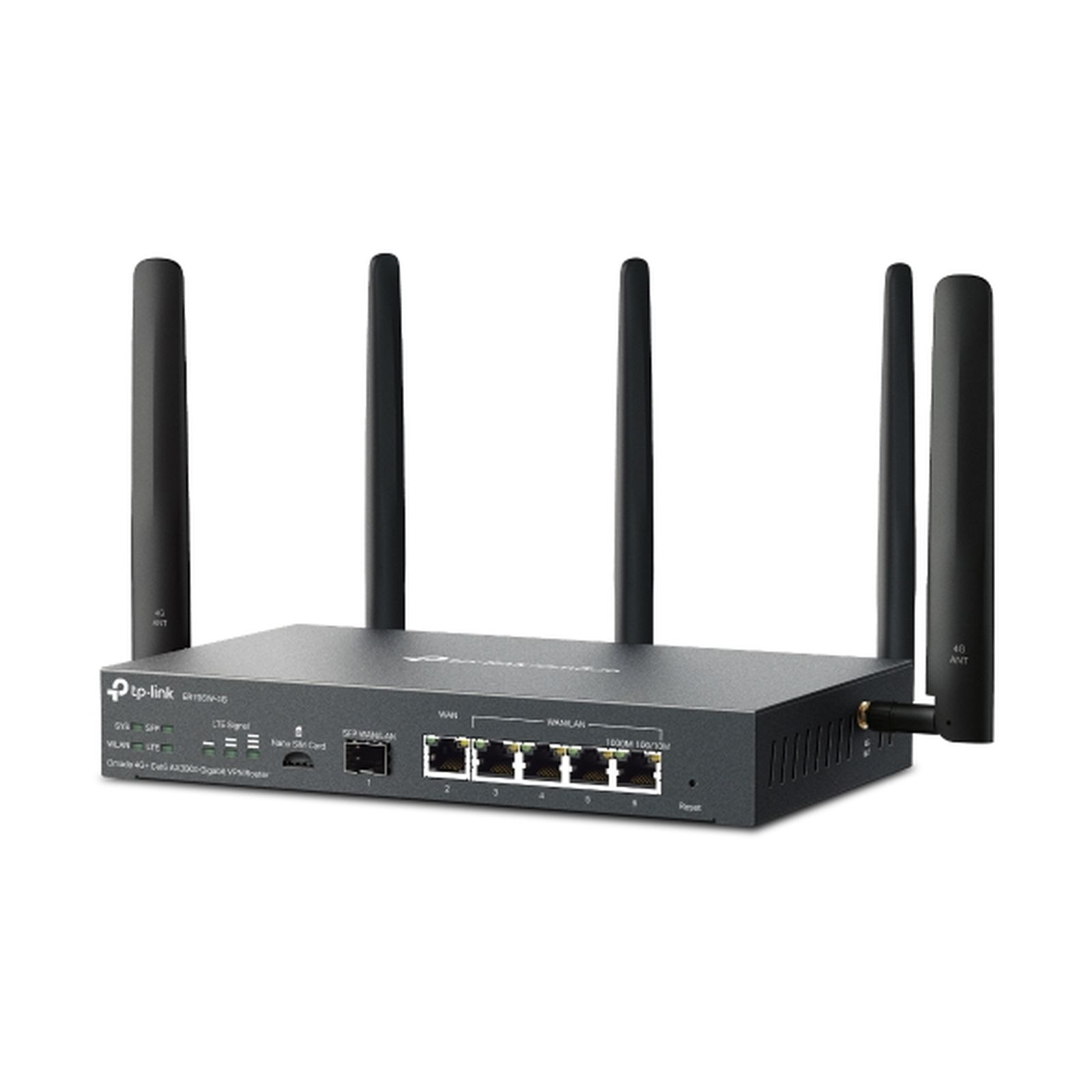 Ein grauer TP-Link-Router mit fünf schwarzen Antennen, mehreren Anschlüssen und Kontrollleuchten auf weißem Hintergrund.
