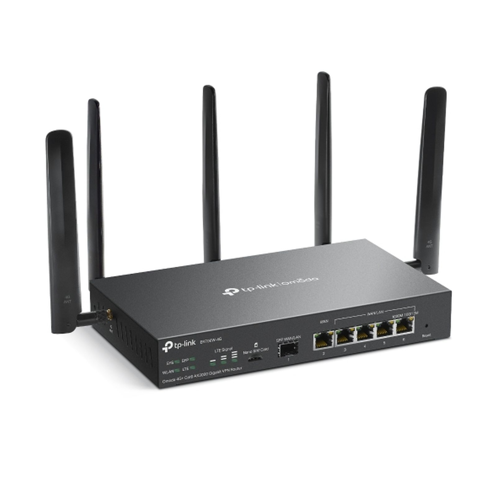 Ein grauer TP-Link-Router mit fünf schwarzen Antennen, mehreren Anschlüssen und Etiketten auf weißem Hintergrund.
