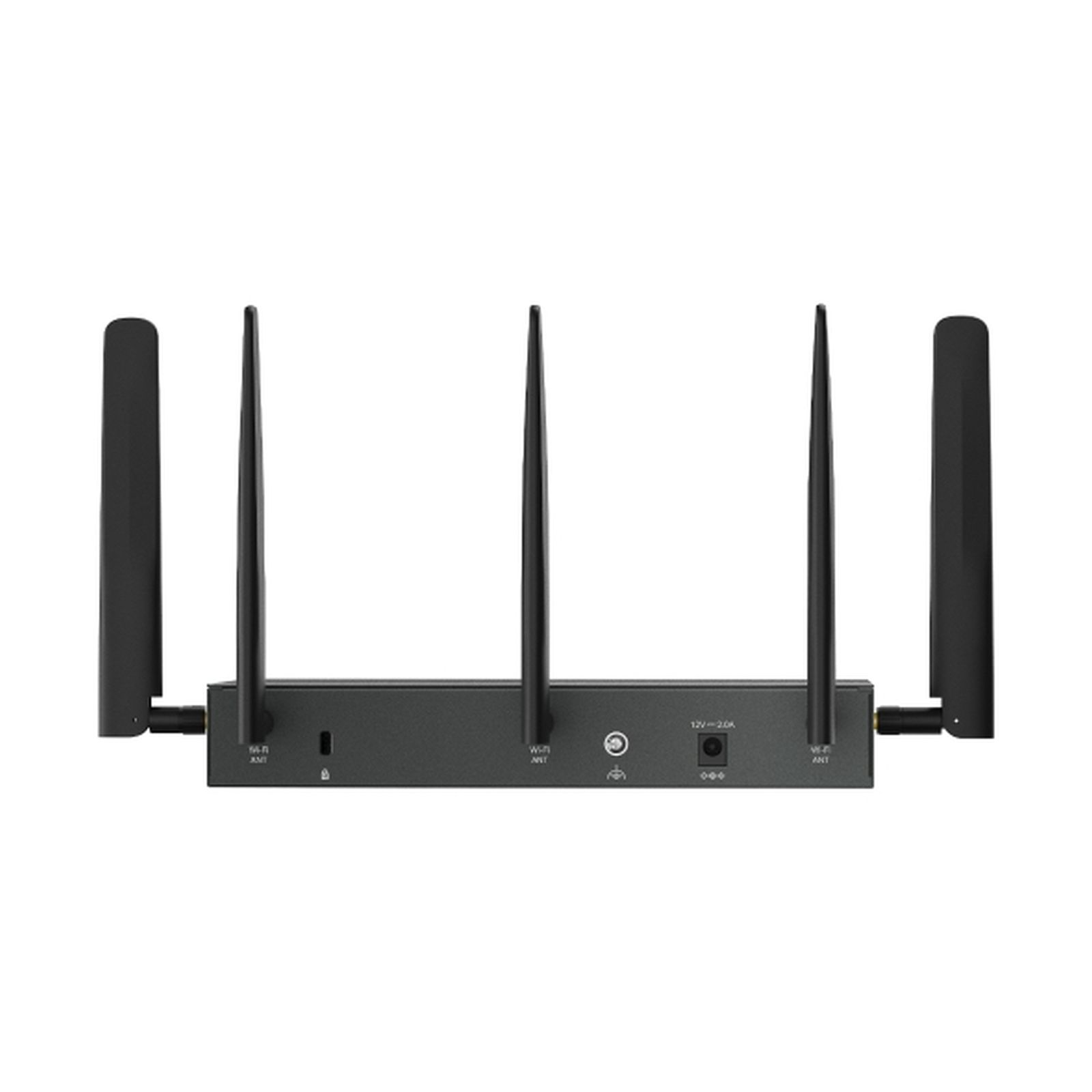 Ein schwarzer Router mit drei Antennen und zwei seitlichen Antennen, mit verschiedenen Anschlüssen.