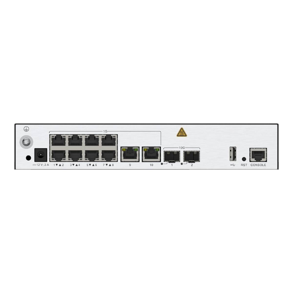 Ağ cihazının arka paneli, bağlantı noktaları, güç girişi ve konsol bağlantı noktası. Etiketler arasında 1G, 10G, RST ve CONSOLE bulunur.