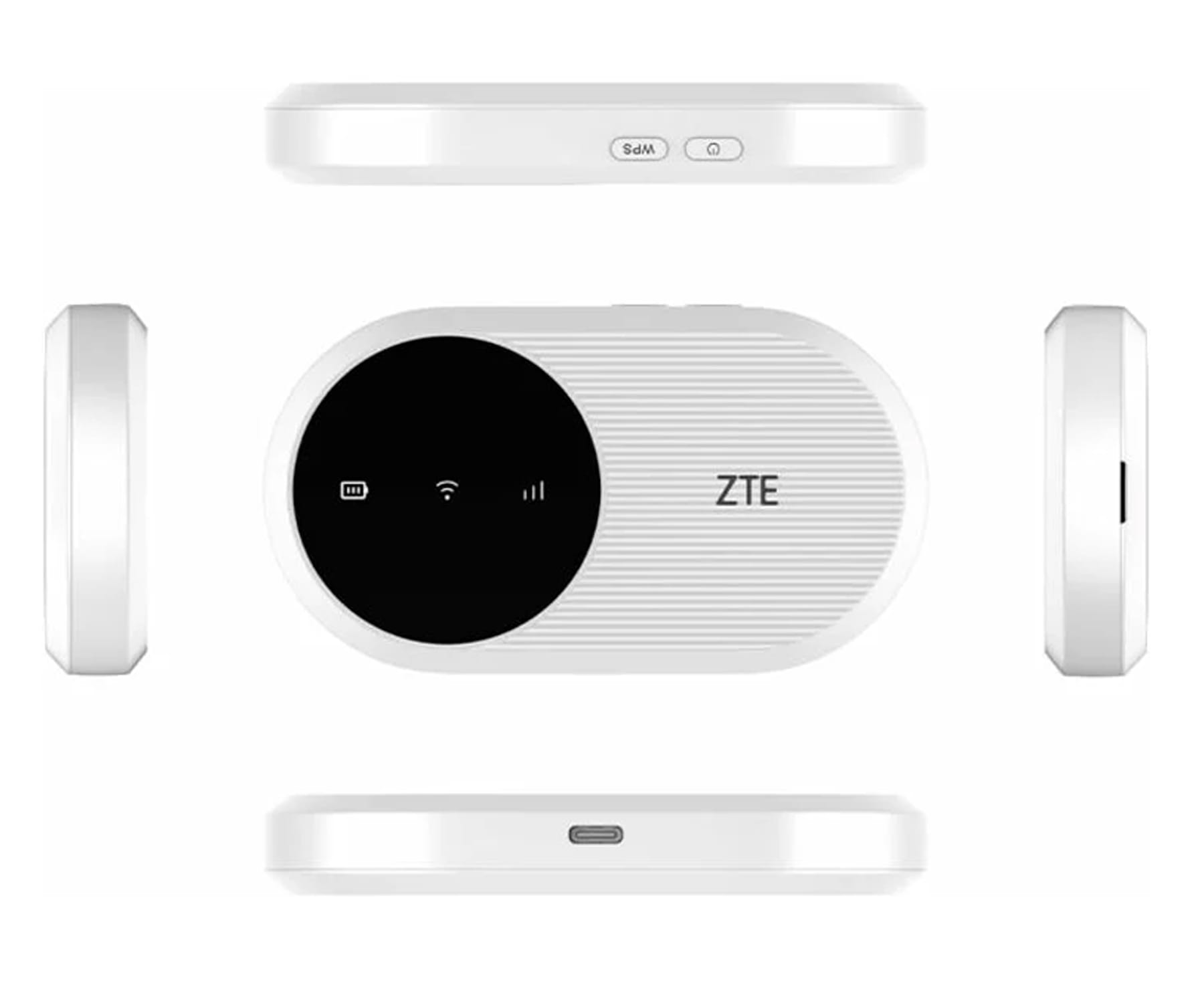 Router Wi-Fi portátil ZTE blanco. Tiene un círculo negro con iconos y un botón de encendido. El router se muestra desde diferentes ángulos.