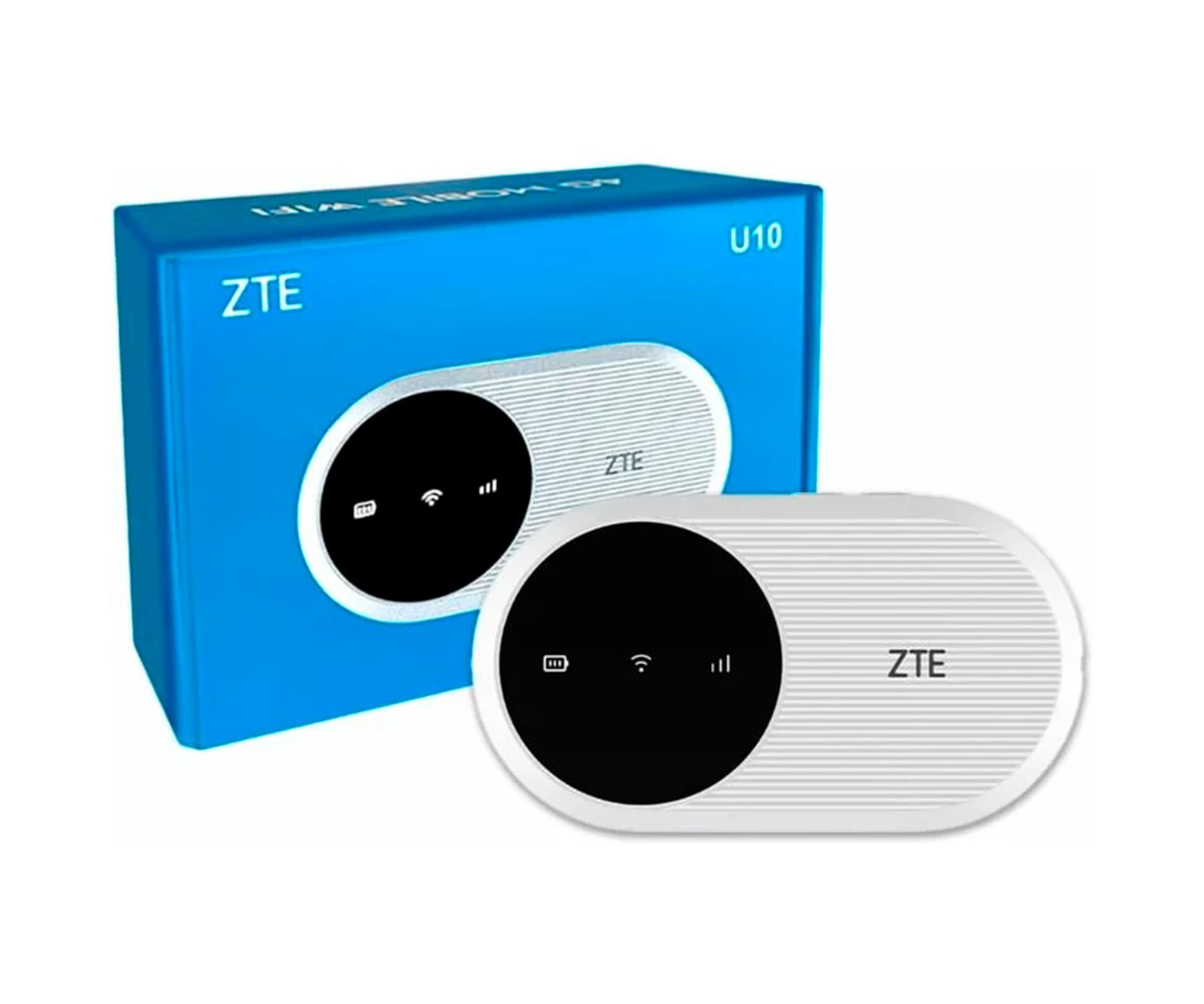 Un dispositivo WiFi móvil ZTE blanco y negro con una caja azul. Tanto la caja como el dispositivo tienen el logotipo de ZTE.
