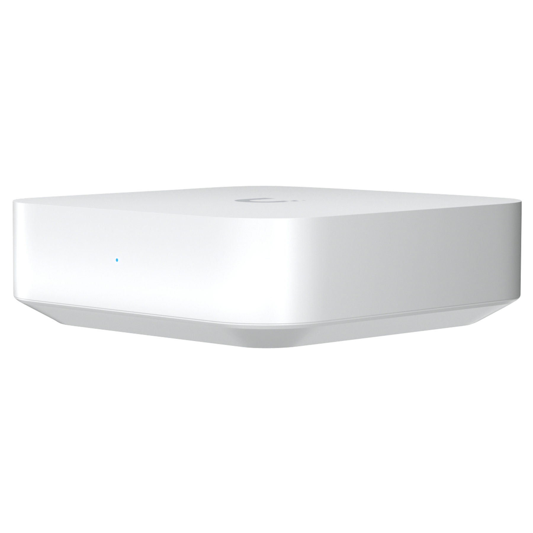 Un dispositivo cuadrado blanco con bordes redondeados. Tiene una luz azul y un logotipo en la parte superior. Aislado sobre blanco.
