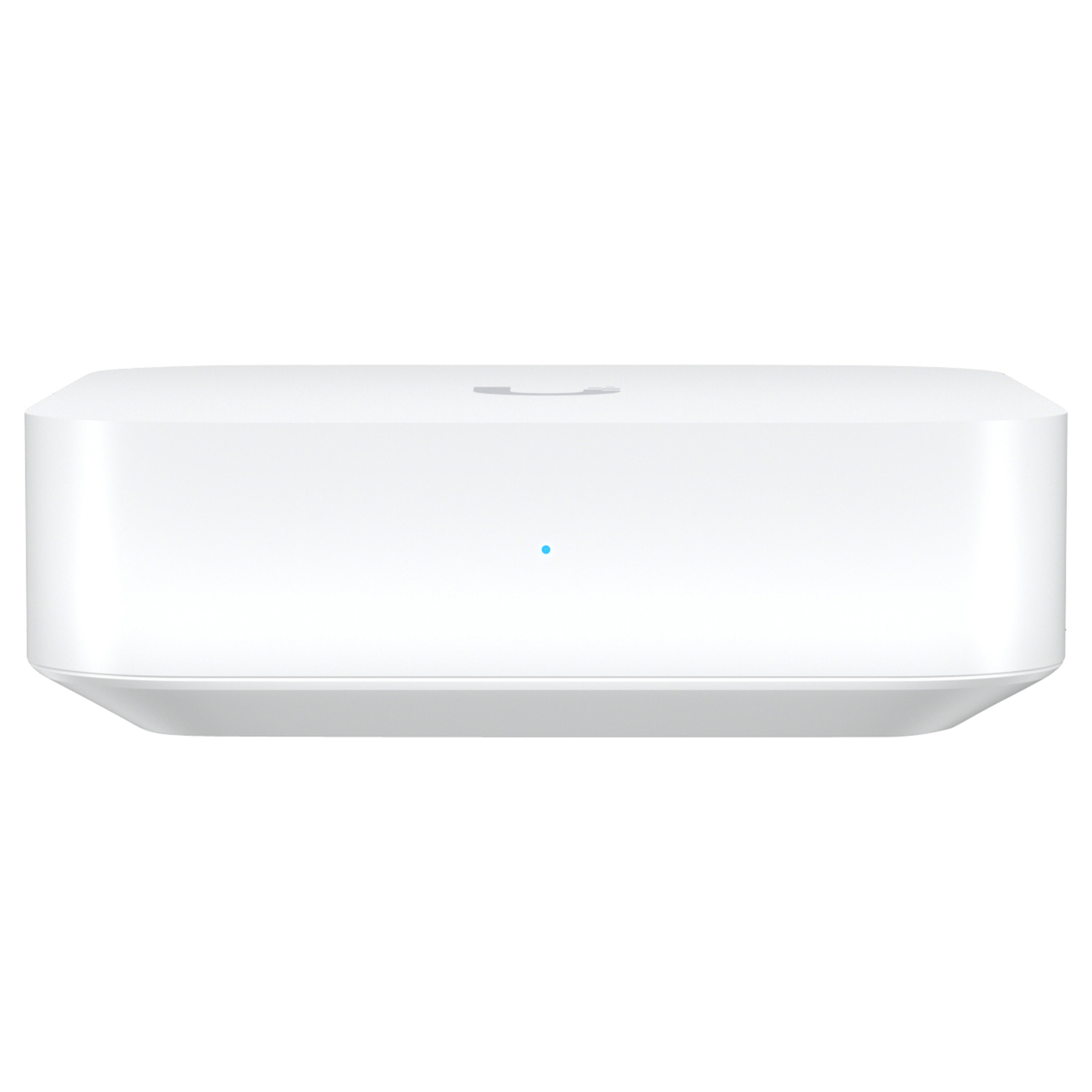 Un dispositivo blanco y rectangular con bordes redondeados. Tiene una luz azul al frente y un logo arriba.