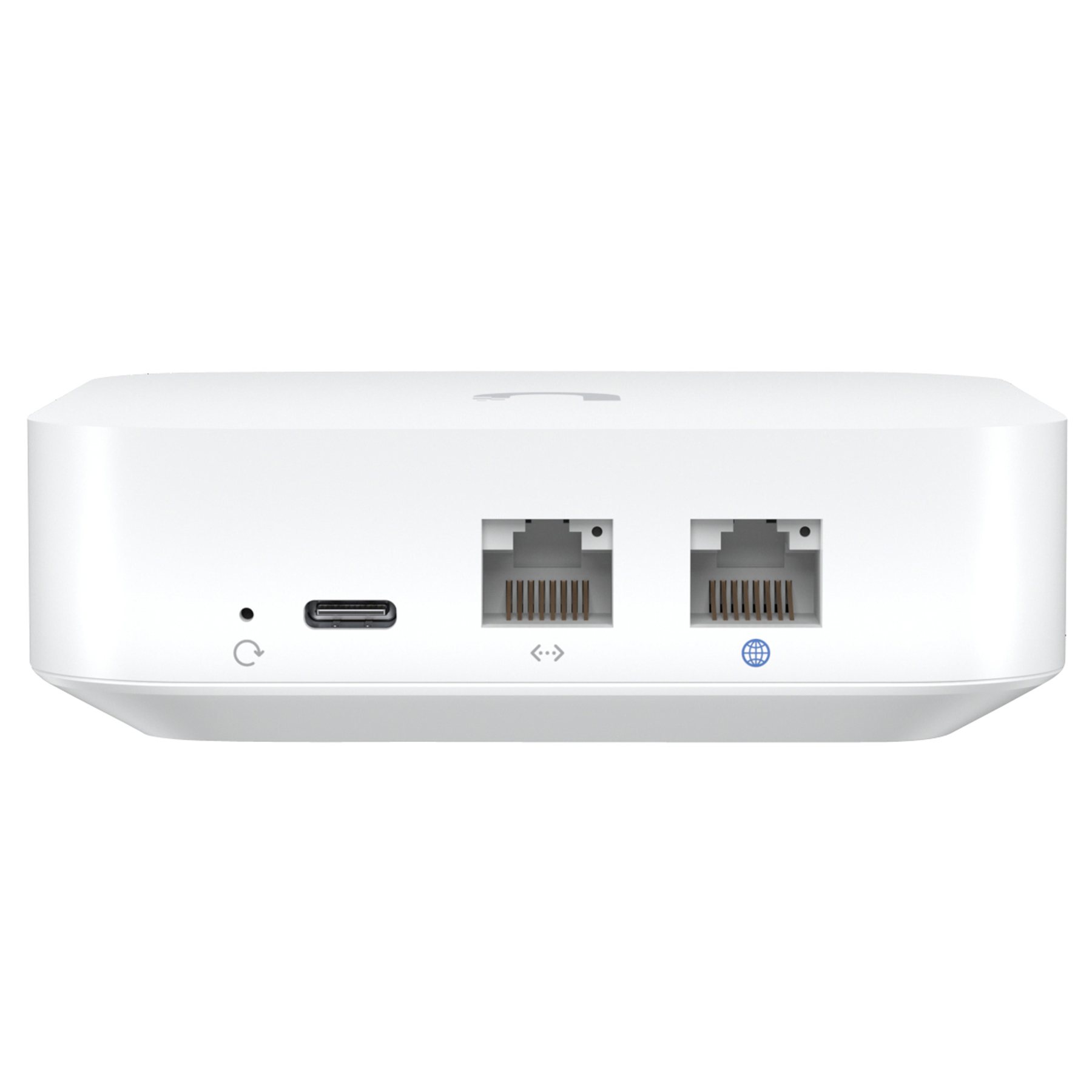 Un enrutador blanco con dos puertos Ethernet, un puerto USB-C y un botón de reinicio. Hay un icono de globo.
