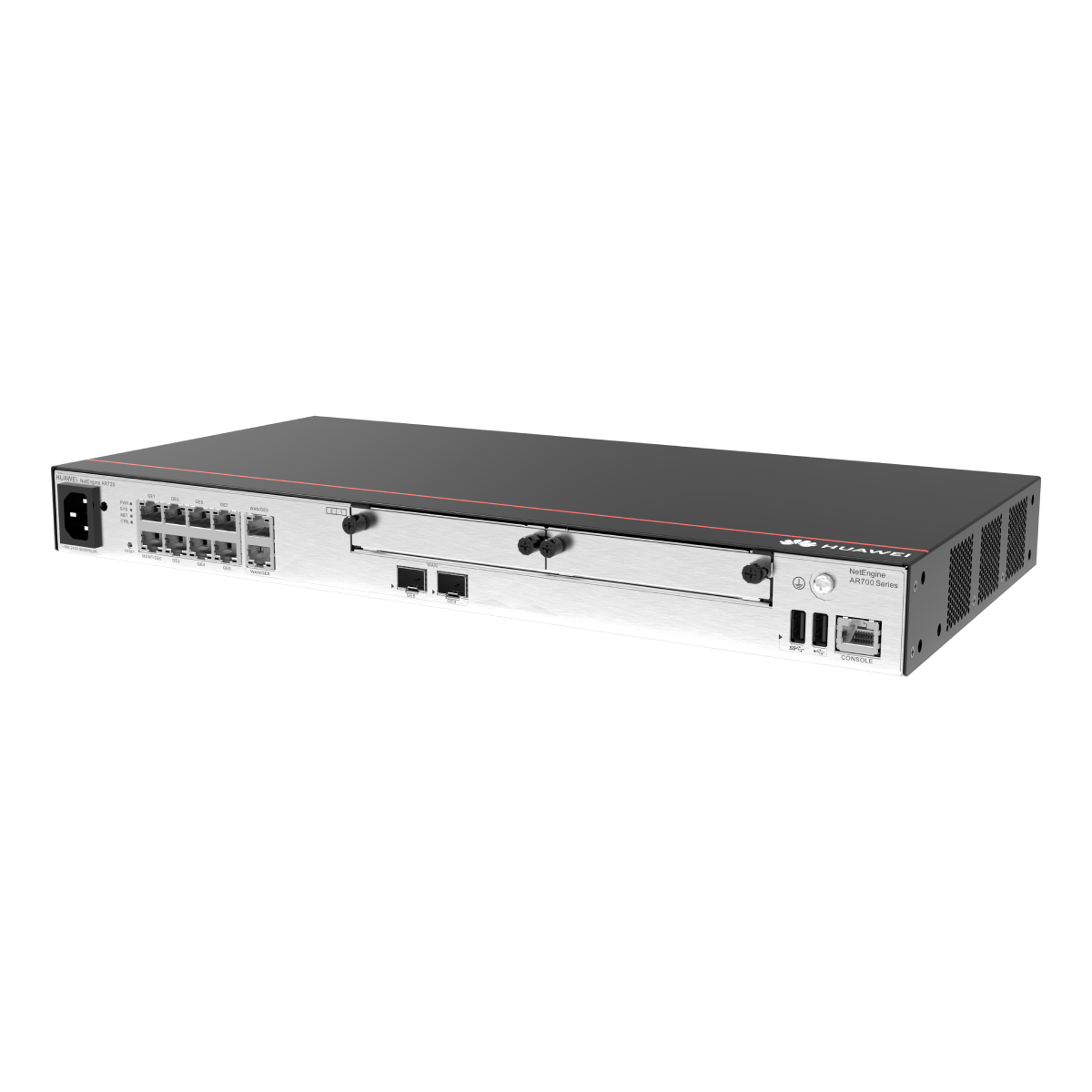 Un dispositivo Huawei NetEngine AR700 Series, nero e argento, con porte, ingresso alimentazione e porte console. Striscia rossa in alto.