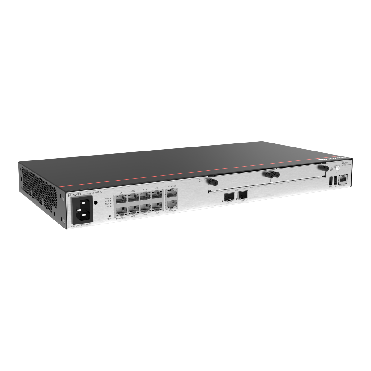 Un router Huawei NetEngine AR6720. Ha porte, luci e un ingresso di alimentazione. La parte superiore è nera, i lati sono argentati.