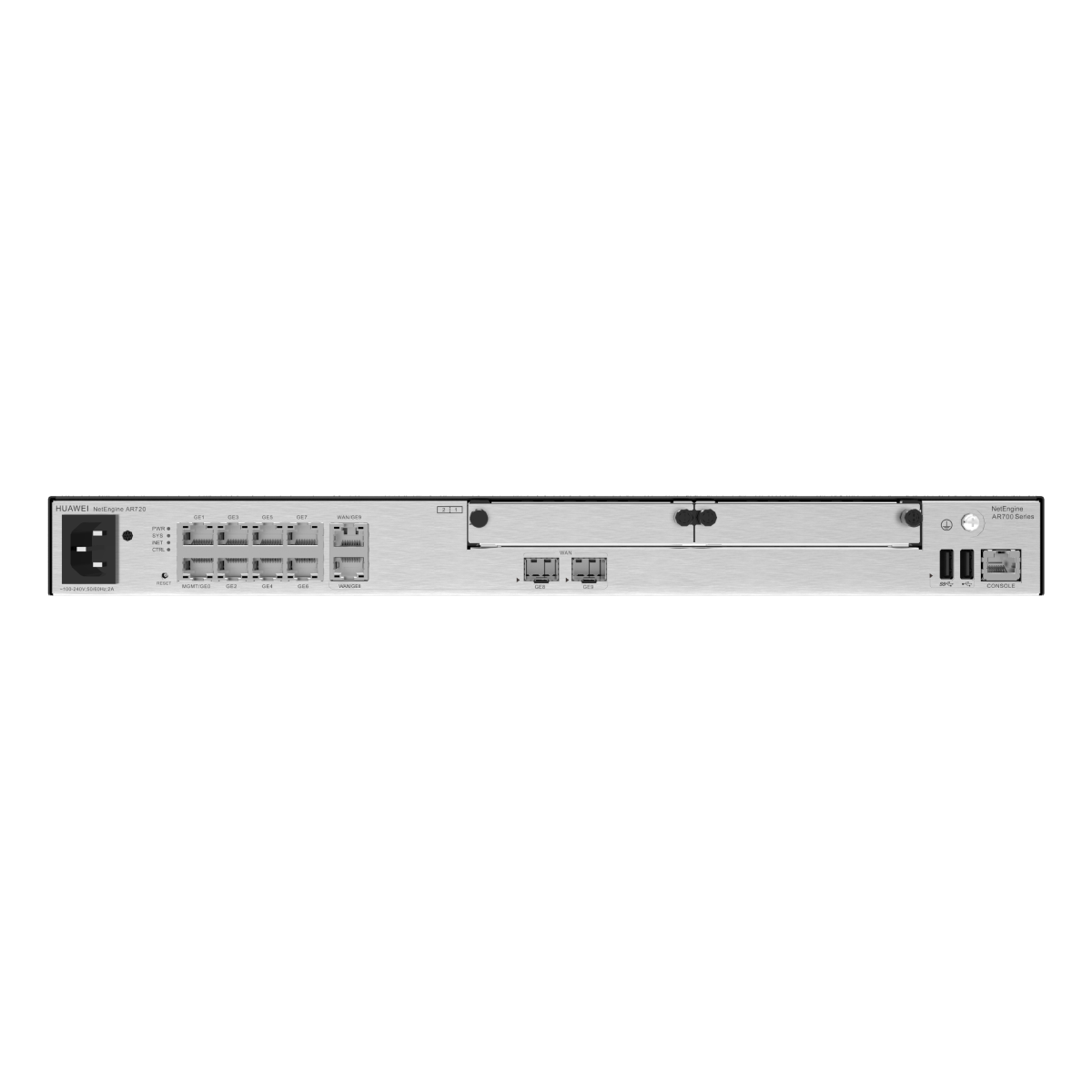 Un router Huawei NetEngine AR720 argentato. Ha varie porte, ingresso di alimentazione e spie. Il dispositivo è su sfondo bianco.